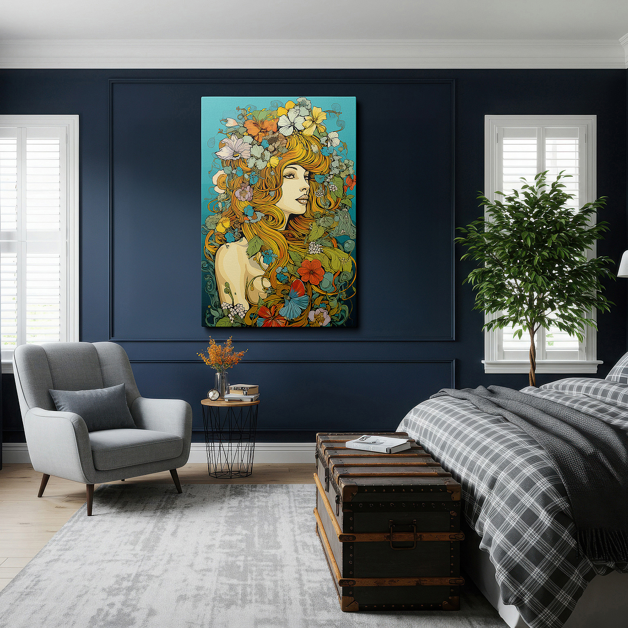 Hung in a cozy reading nook beside a floor lamp and bookshelf — wall art: a lush floral portrait blending femininity with nature - large canvas wall art for office and bedroom decor