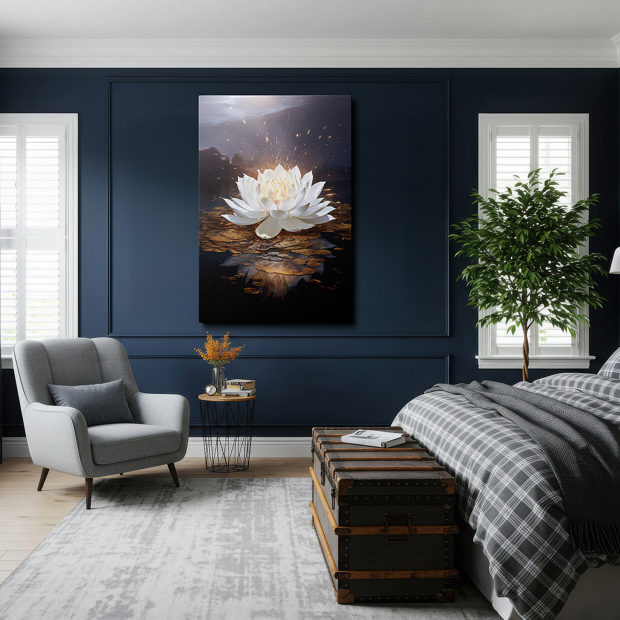 Hung in a cozy reading nook beside a floor lamp and bookshelf — wall art: majestic white lotus symbolizing purity and enlightenment - large canvas wall art for office, bedroom, and living room decor