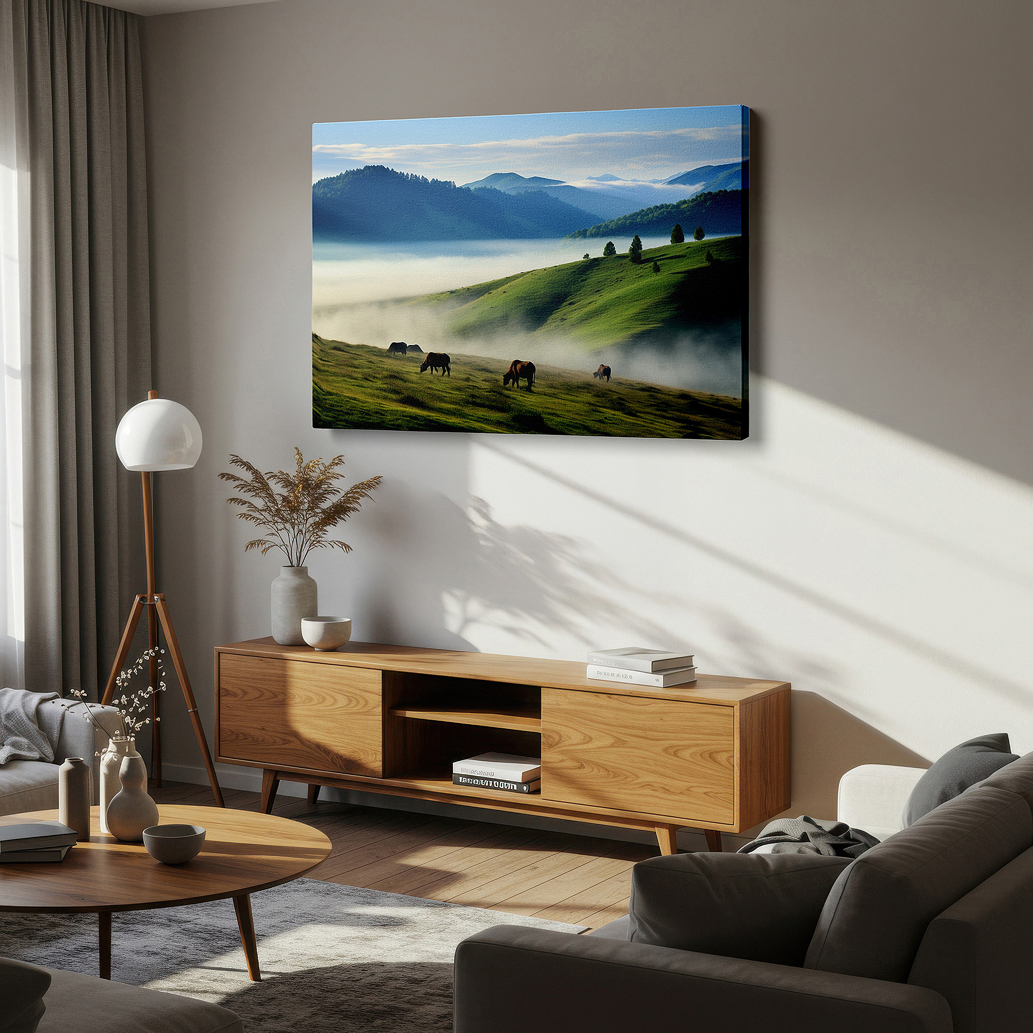 Hung in a cozy reading nook beside a floor lamp and bookshelf — wall art: serene horses grazing in a lush field with majestic mountains, large canvas wall art for office decor
