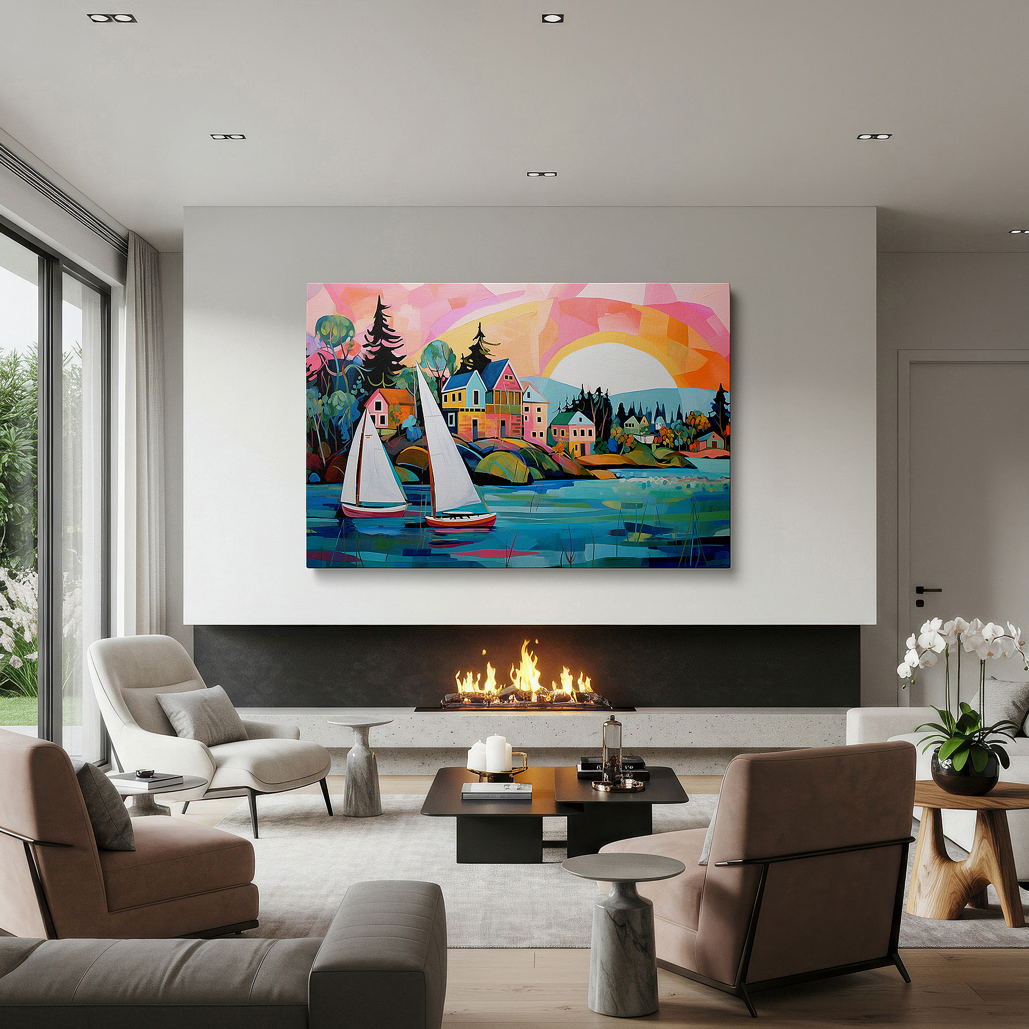 Hung in a cozy reading nook beside a floor lamp and bookshelf — wall art: tranquil seaside landscape featuring sailboats on sparkling waters, vibrant coastal town, and grand mountains - large canvas wall art