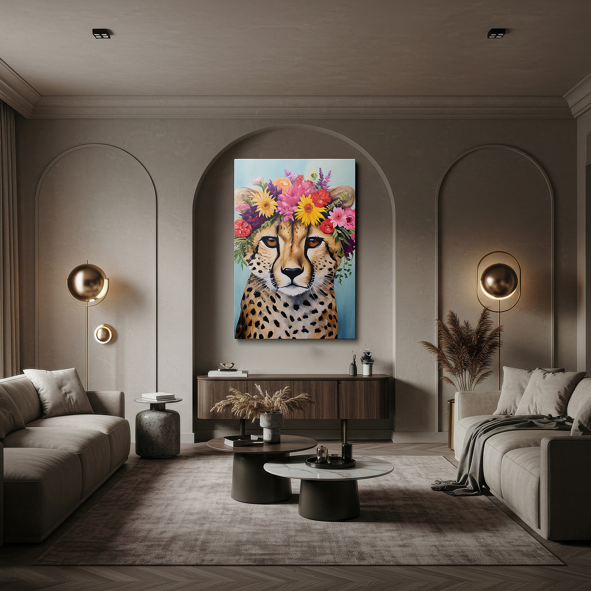 Hung in a cozy reading nook beside a floor lamp and bookshelf — wall decor: enchanting cheetah adorned with flower crown - a fusion of wilderness elegance and creative playfulness, large canvas wall art for home and office decor