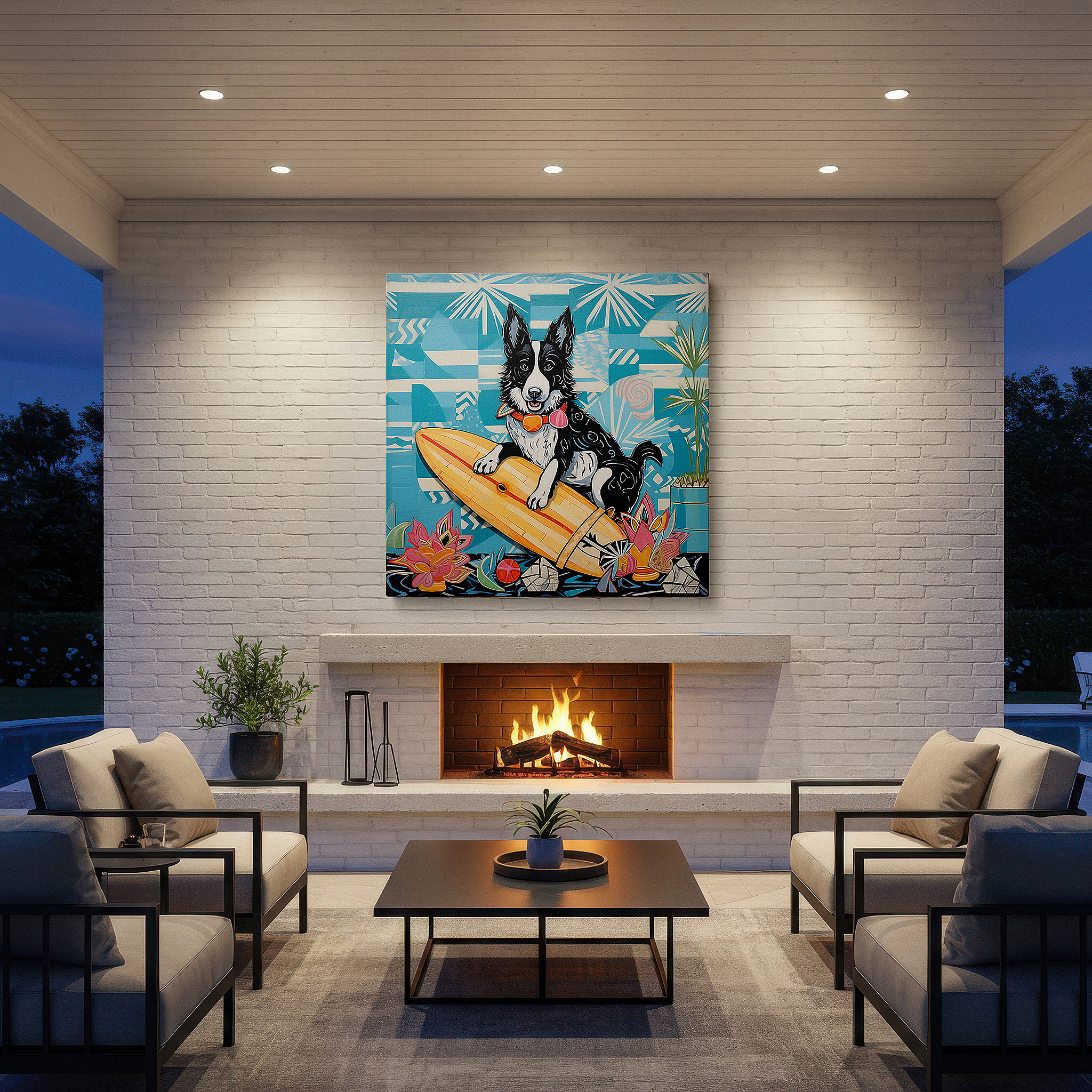 Hung in a cozy reading nook beside a floor lamp and bookshelf — wall decor: "joyful summer adventures" - surfing dog in sunglasses, large canvas art for office, bedroom, and living room