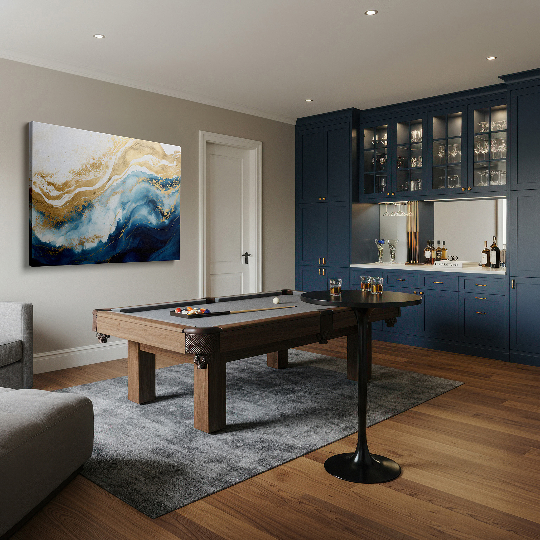 Installation made easy with a centered hook and clean wire mount — blue and gold swirling ocean-inspired masterpiece: tranquil large wall art for modern decor, canvas wall art, office wall decor