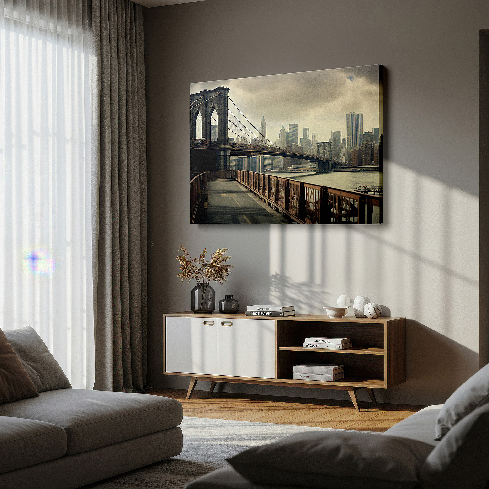 Installation made easy with a centered hook and clean wire mount — brooklyn bridge and nyc skyline wall art: celebrating engineering and urban spirit - large canvas art for office and bedroom decor
