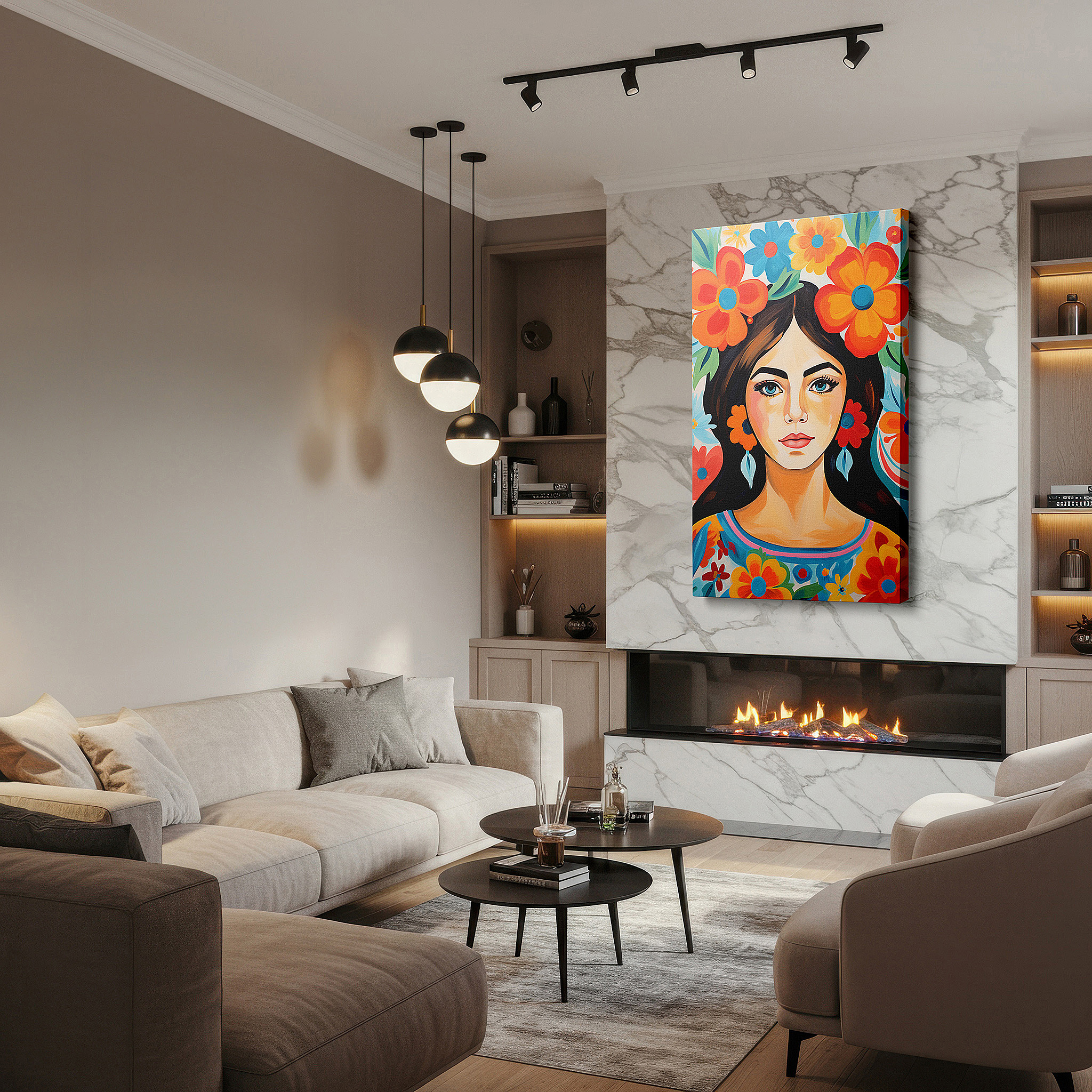 Installation made easy with a centered hook and clean wire mount — celebrating nature, femininity, and joy with a radiant smiling woman adorned with colorful flowers - large canvas wall art