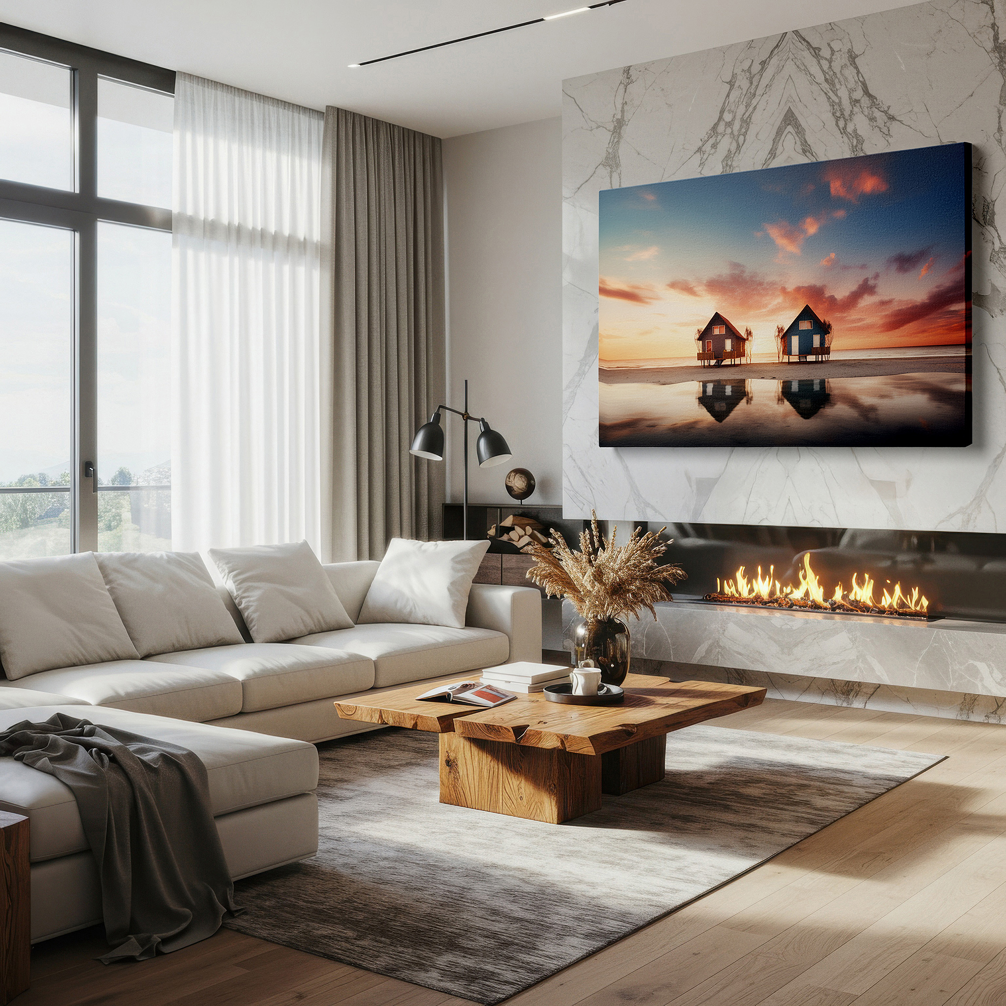 Installation made easy with a centered hook and clean wire mount — coastal serenity: seaside cabin sunset large wall art, canvas decor for office, bedroom, and living room