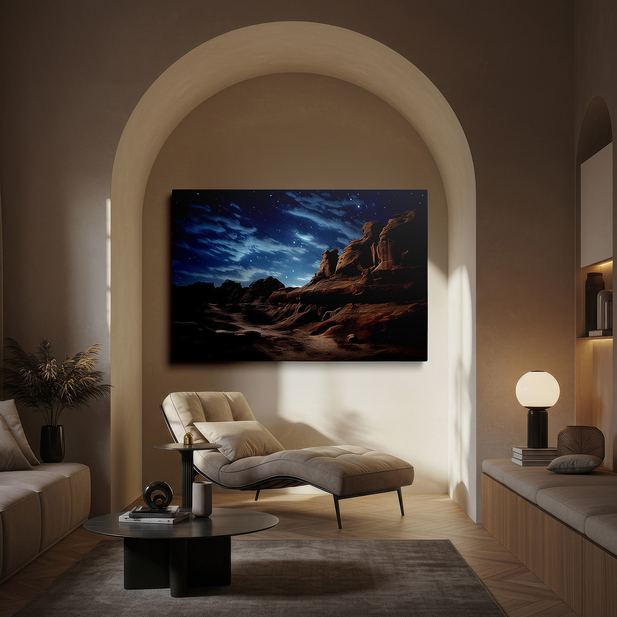 Installation made easy with a centered hook and clean wire mount — desert grandeur beneath starry skies - moonlit celestial display large wall art, canvas wall art, wall decor for office and bedroom