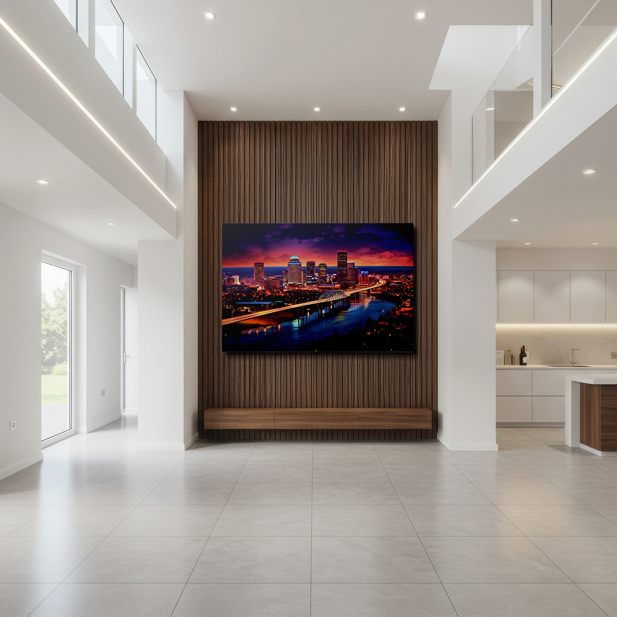 Installation made easy with a centered hook and clean wire mount — dusk in the vibrant city: illumination, architecture, and urban vitality - large canvas wall art for office and bedroom decor