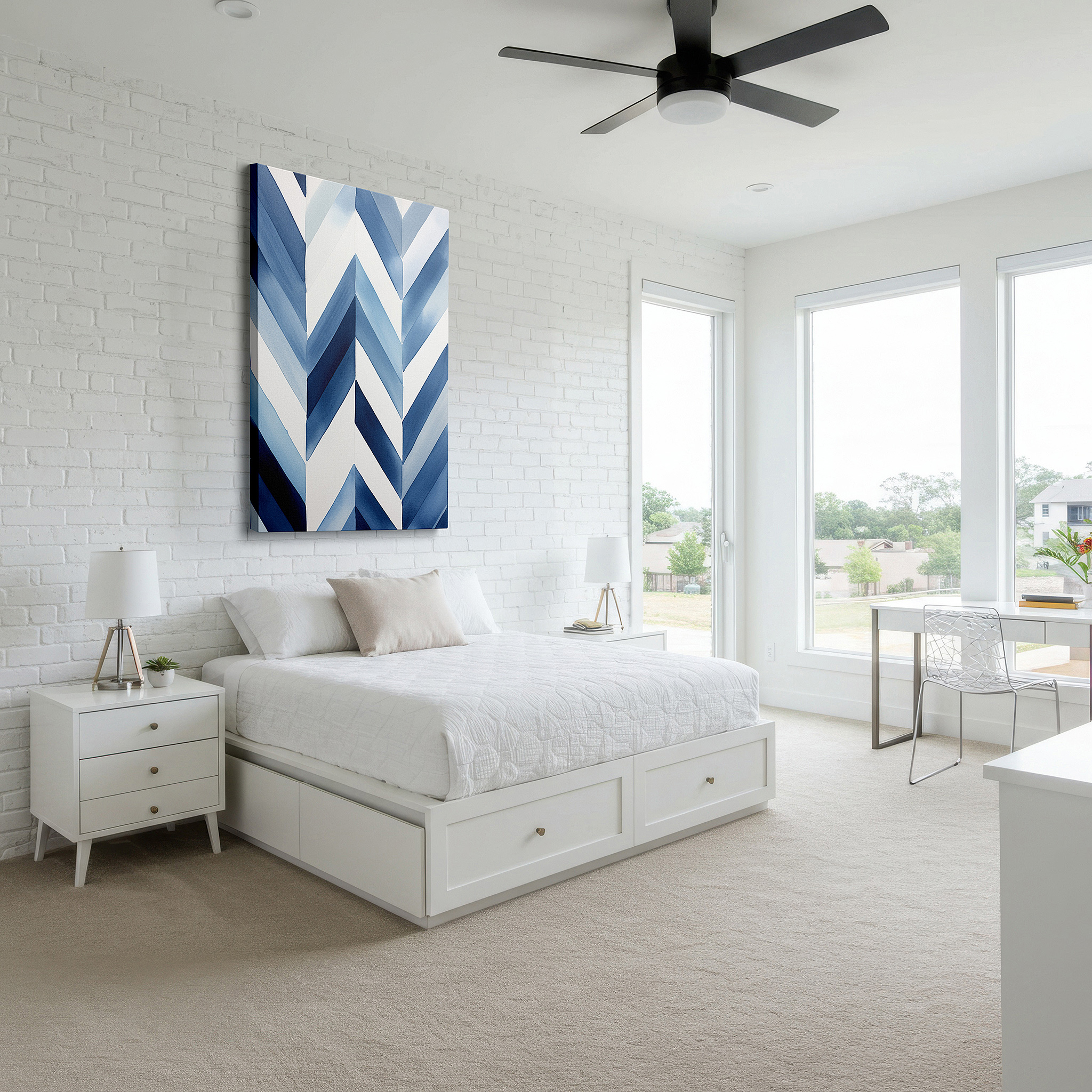 Installation made easy with a centered hook and clean wire mount — dynamic blue chevron patterns, contemporary abstract large wall art, canvas wall decor for office and bedroom