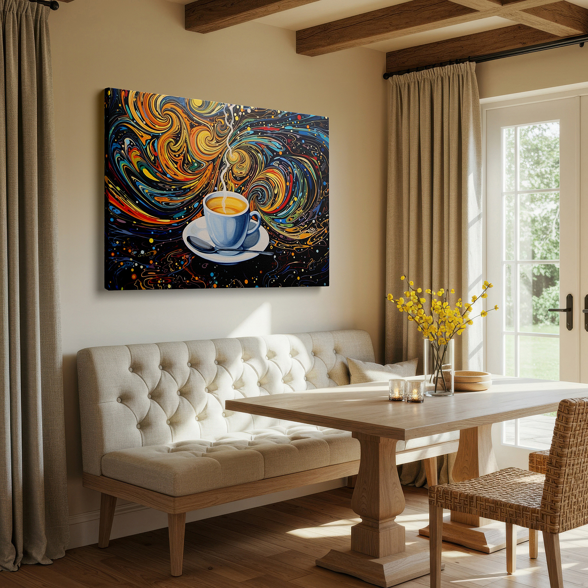 Installation made easy with a centered hook and clean wire mount — dynamic coffee culture symphony wall art, energizing and creative large canvas decor for office and bedroom