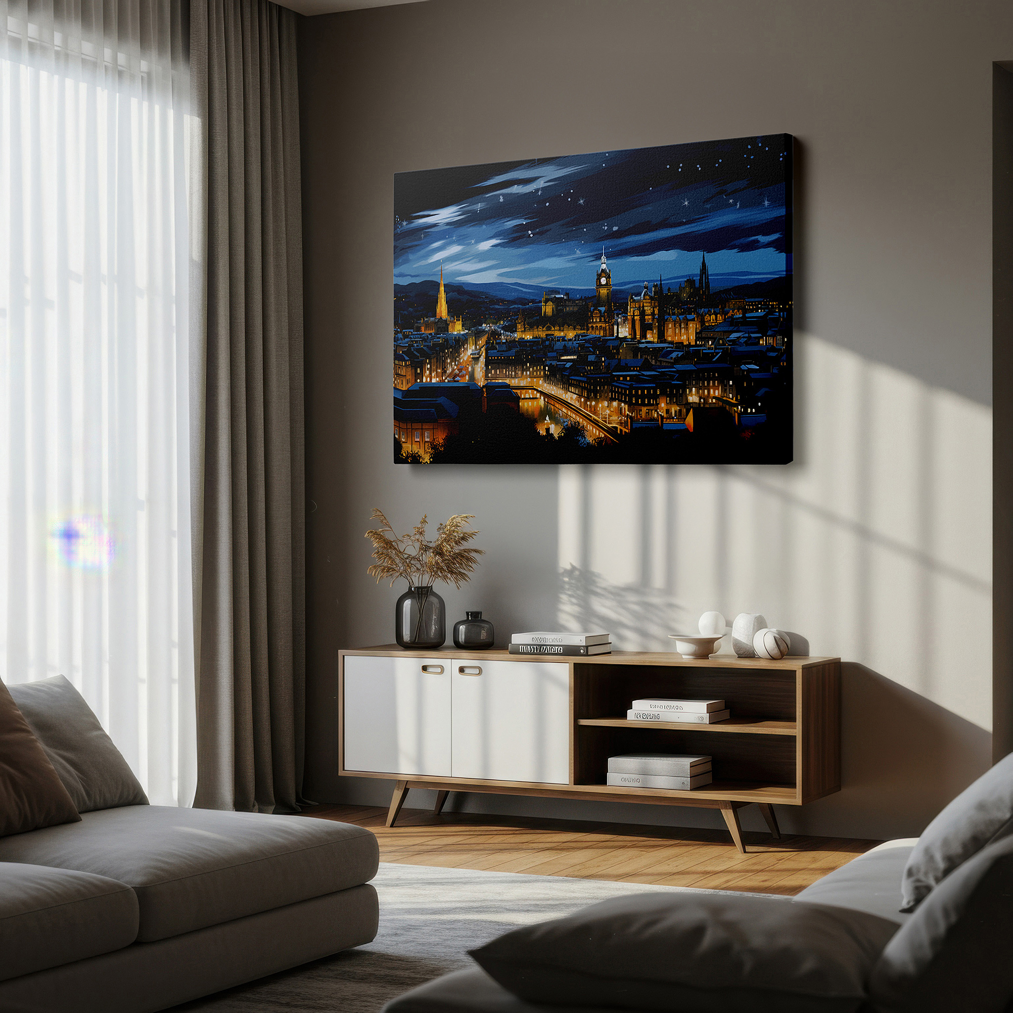 Installation made easy with a centered hook and clean wire mount — edinburgh's night skyline under starlit mystique - a panoramic view of historic and modern architectural splendor large wall art, canvas wall art, wall decor