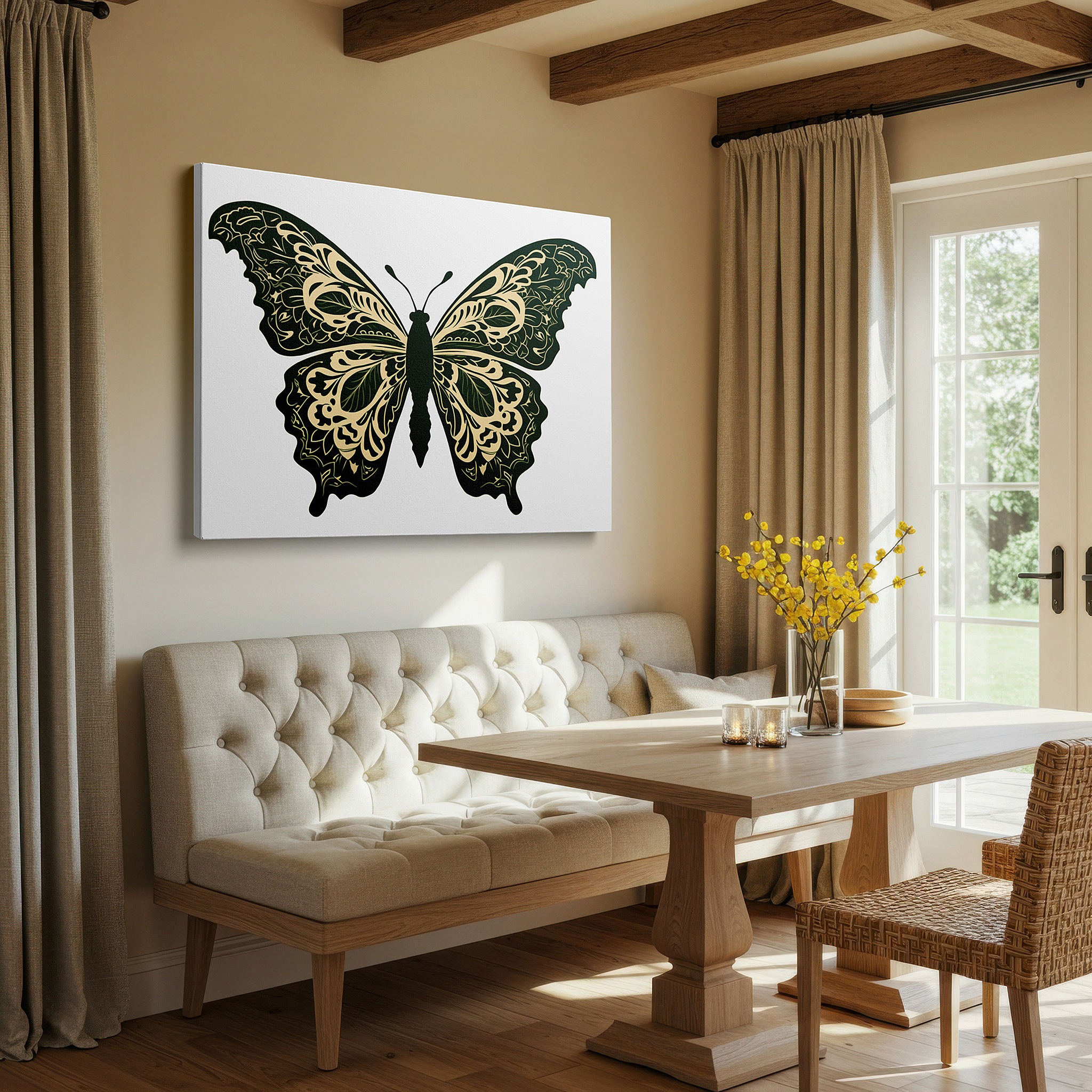 Installation made easy with a centered hook and clean wire mount — enchanting butterfly graphic representing change and liberation in nature, large canvas wall art for home and office decor