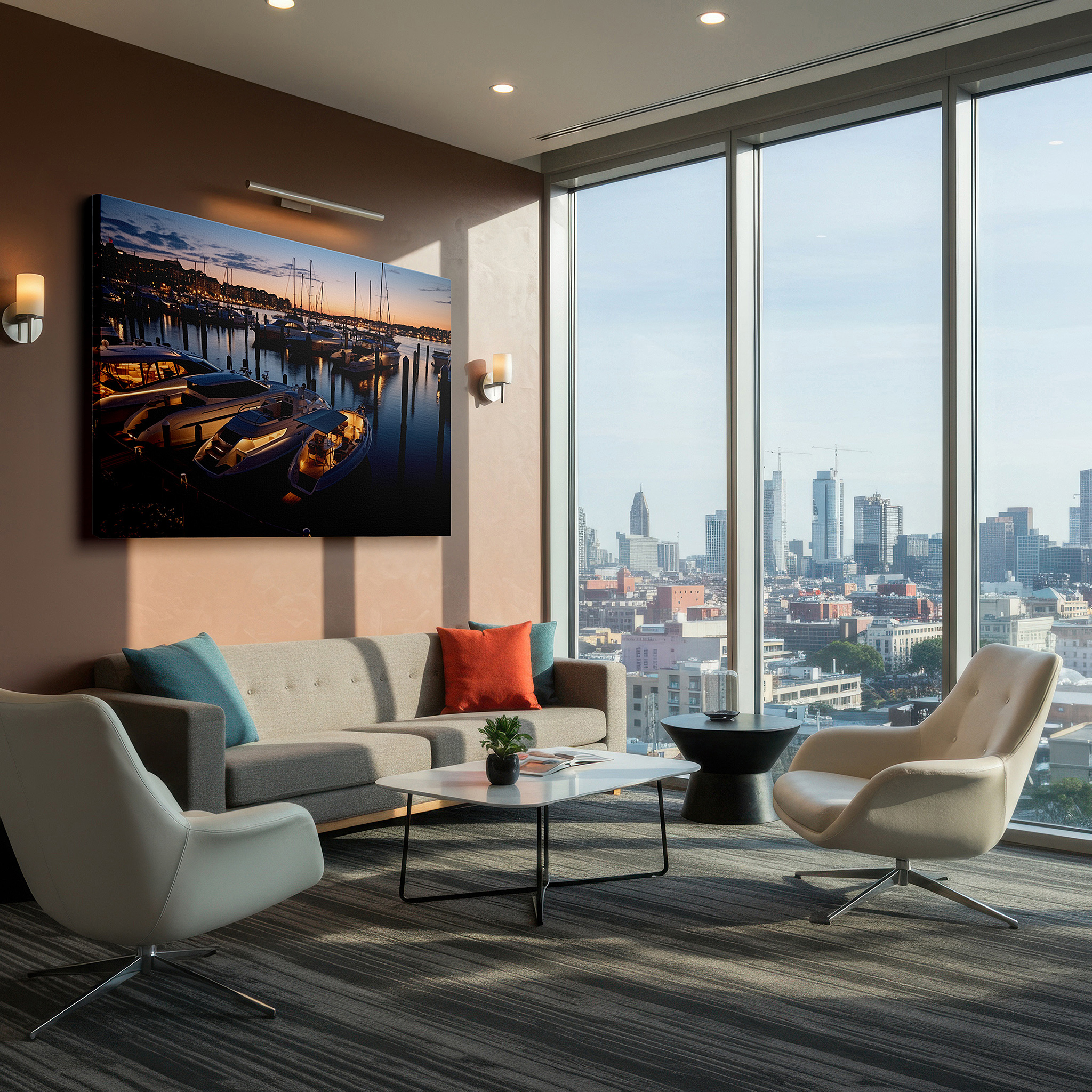 Installation made easy with a centered hook and clean wire mount — enchanting dusk at the vibrant marina: tranquil evening with glimmering boats and soft lights - large canvas wall art for office decor