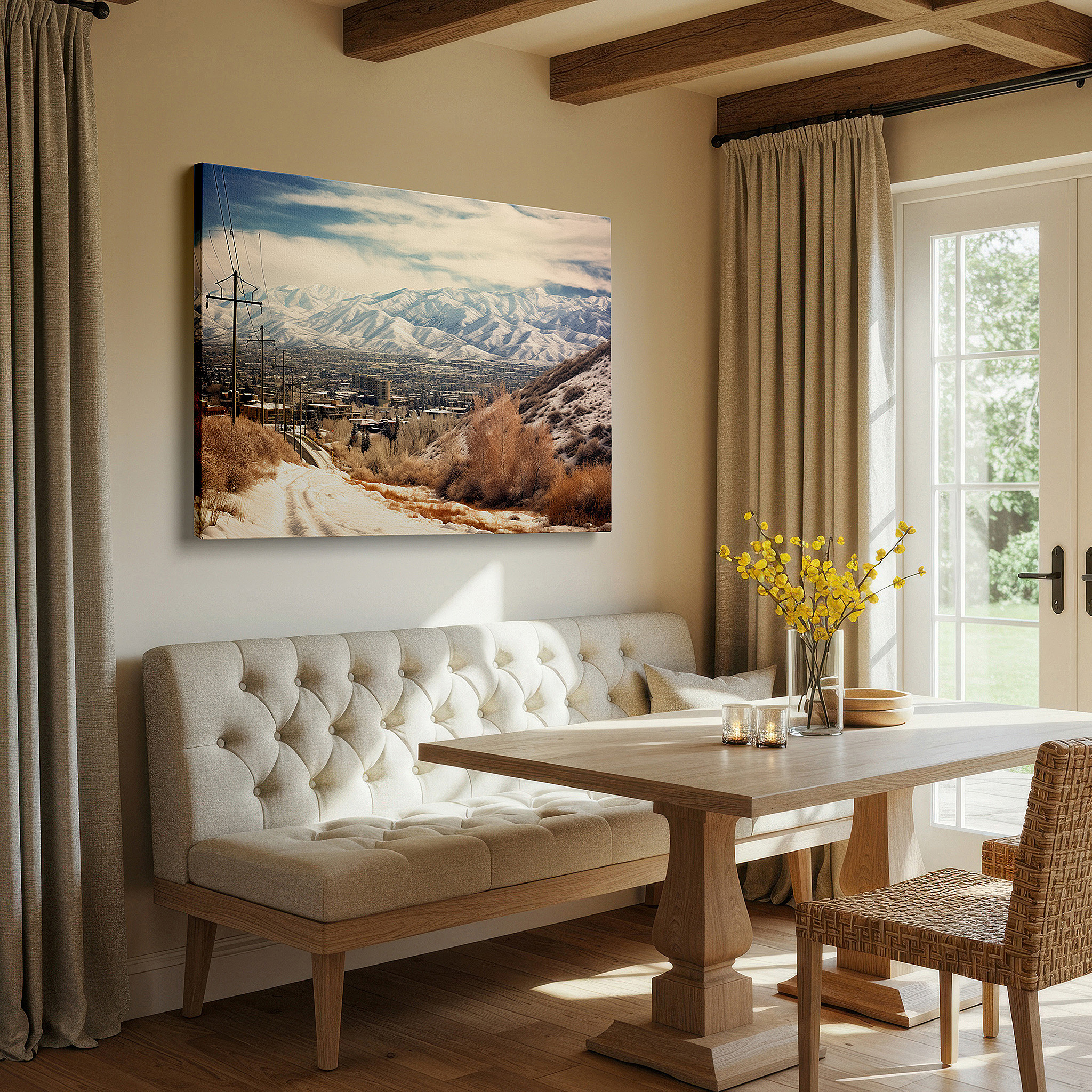 Installation made easy with a centered hook and clean wire mount — explore a peaceful winter scene with snow-capped mountains and pristine trails - large wall art, canvas wall art, wall decor