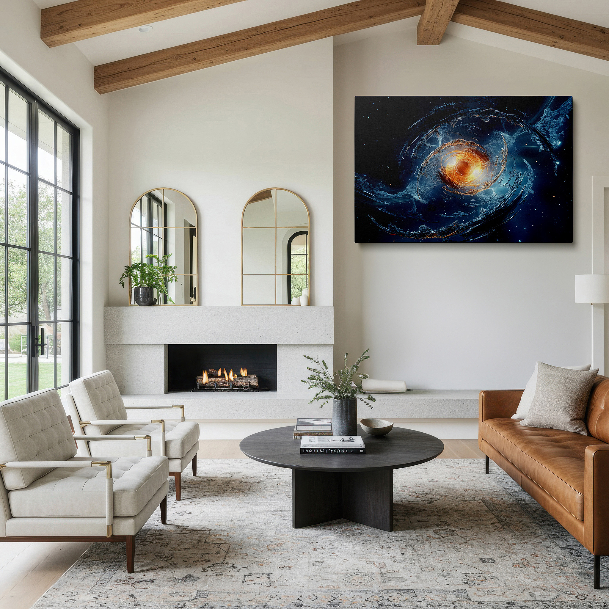 Installation made easy with a centered hook and clean wire mount — fiery cosmic vortex and celestial swirls wall art in deep blues and vibrant oranges, large canvas for home and office decor