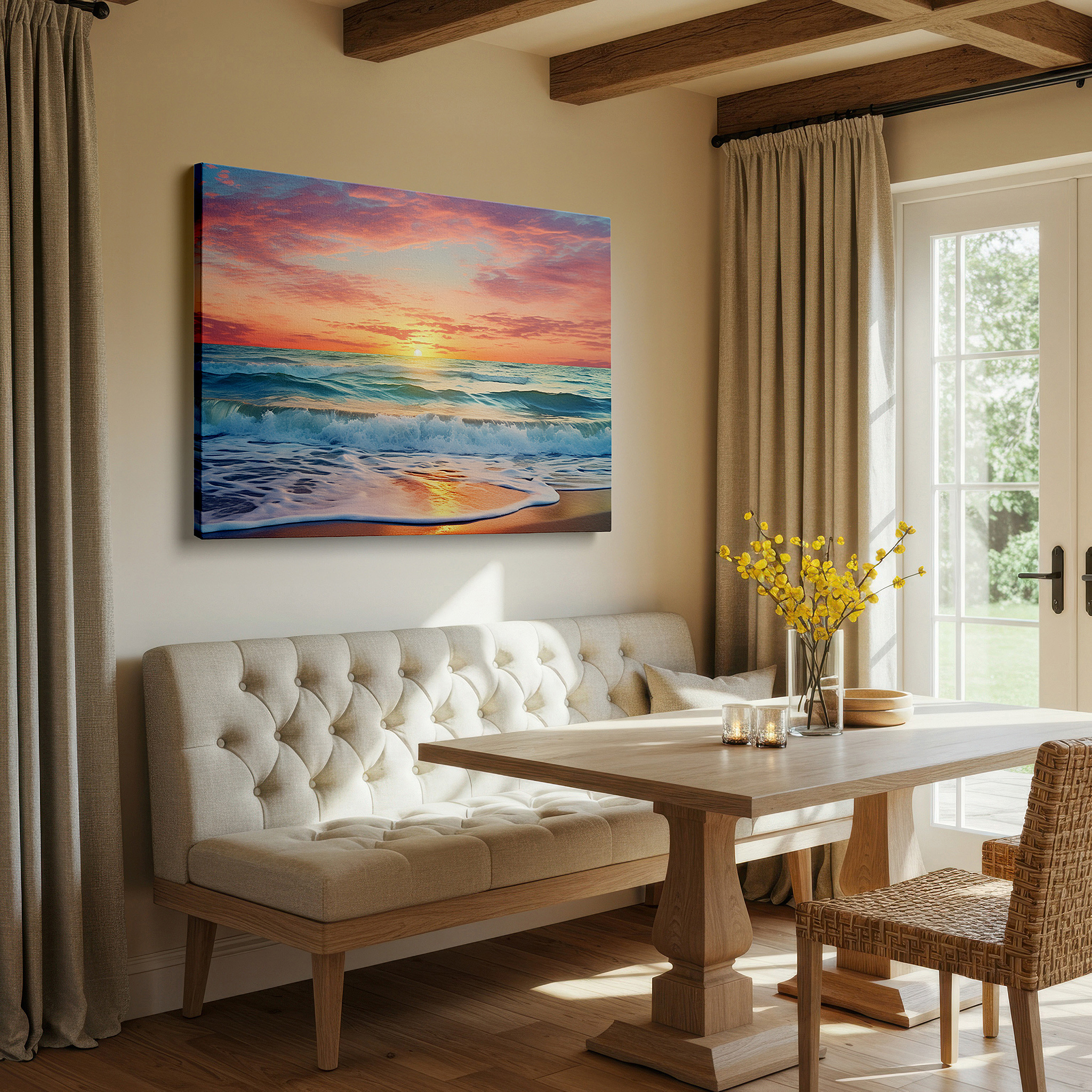 Installation made easy with a centered hook and clean wire mount — fiery hues and tranquil blues: sunset over the ocean large wall art, canvas wall art, wall decor for office and bedroom
