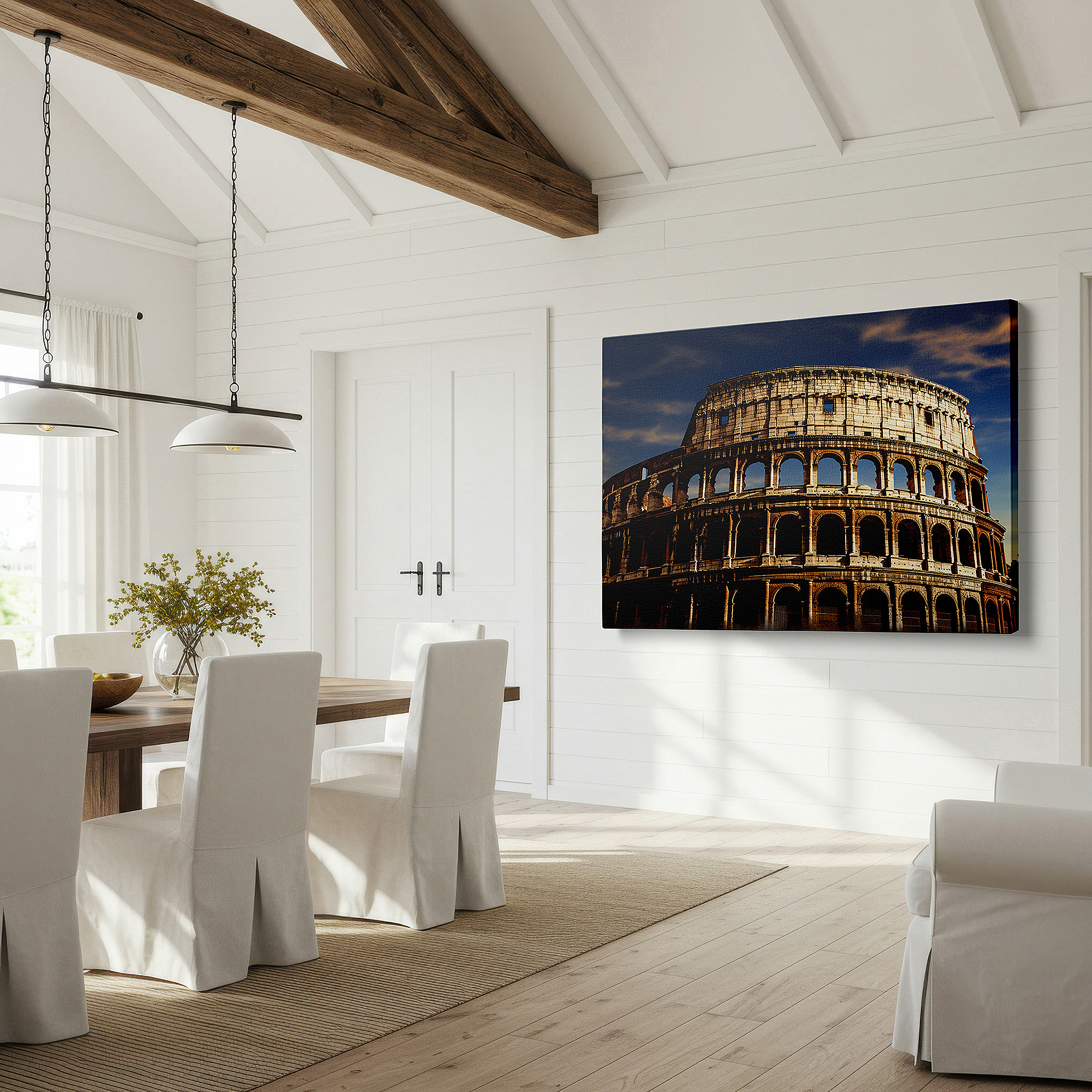 Installation made easy with a centered hook and clean wire mount — golden sunset over majestic colosseum - historical masterpiece large wall art, canvas wall art, wall decor for home and office