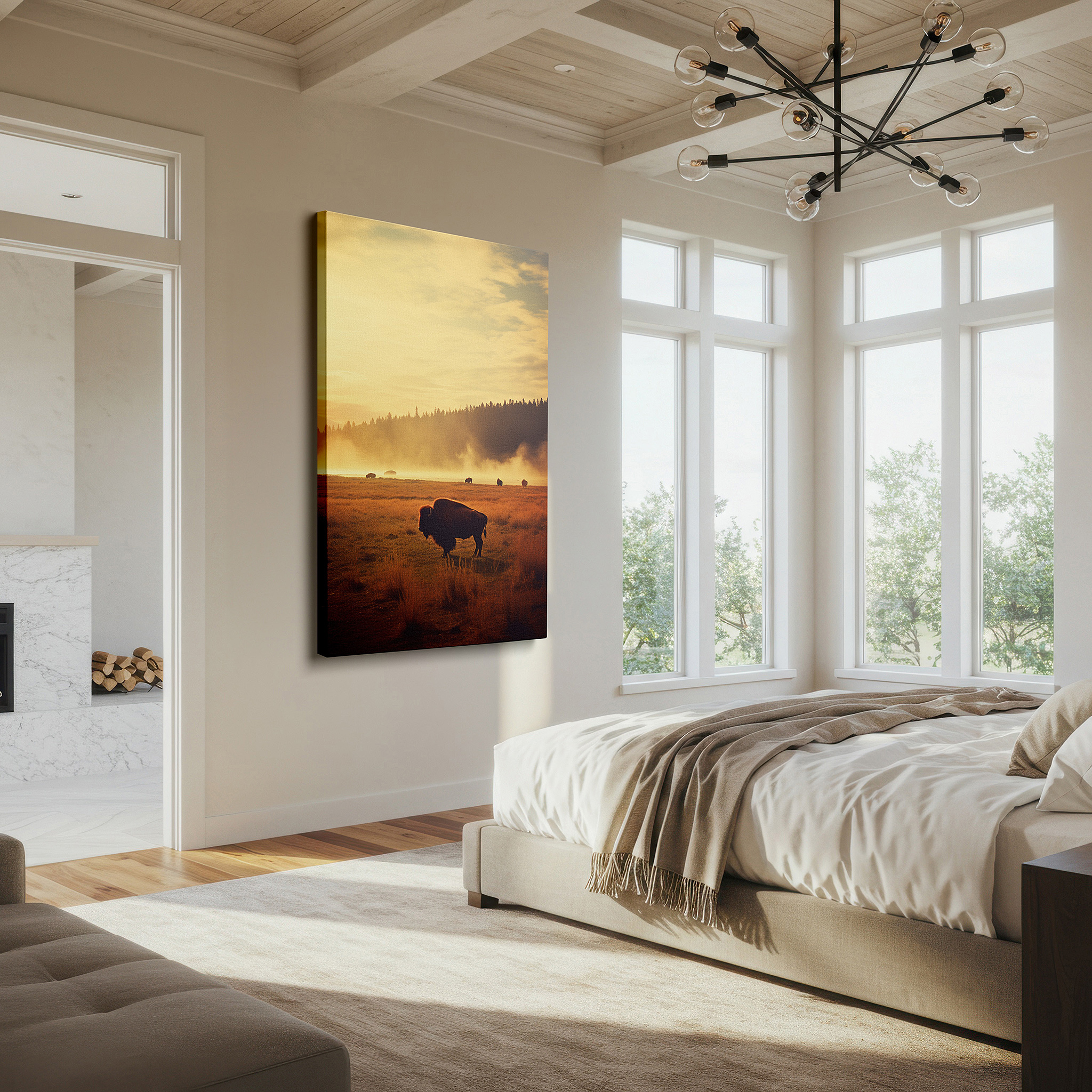 Installation made easy with a centered hook and clean wire mount — majestic buffalo at sunrise in misty prairie: symbol of strength and serenity - large canvas wall art for home and office decor