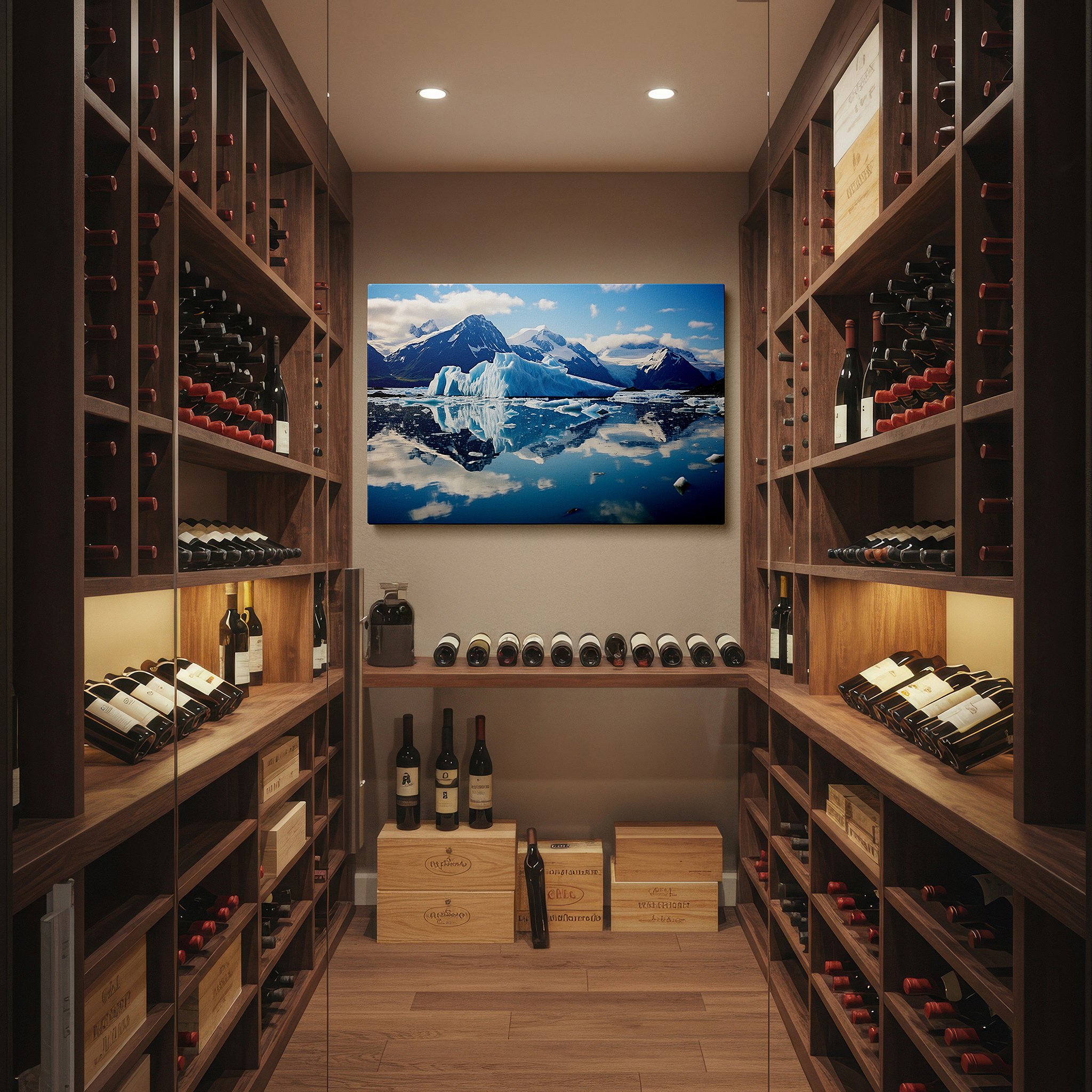 Installation made easy with a centered hook and clean wire mount — majestic iceberg and mountain reflections large canvas wall art for office, bedroom, and living room decor