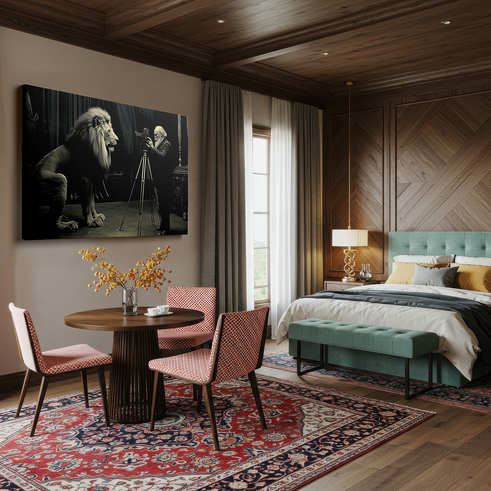 Installation made easy with a centered hook and clean wire mount — monochrome large wall art featuring a surreal encounter between a majestic lion and an intrepid photographer, canvas wall art, wall decor