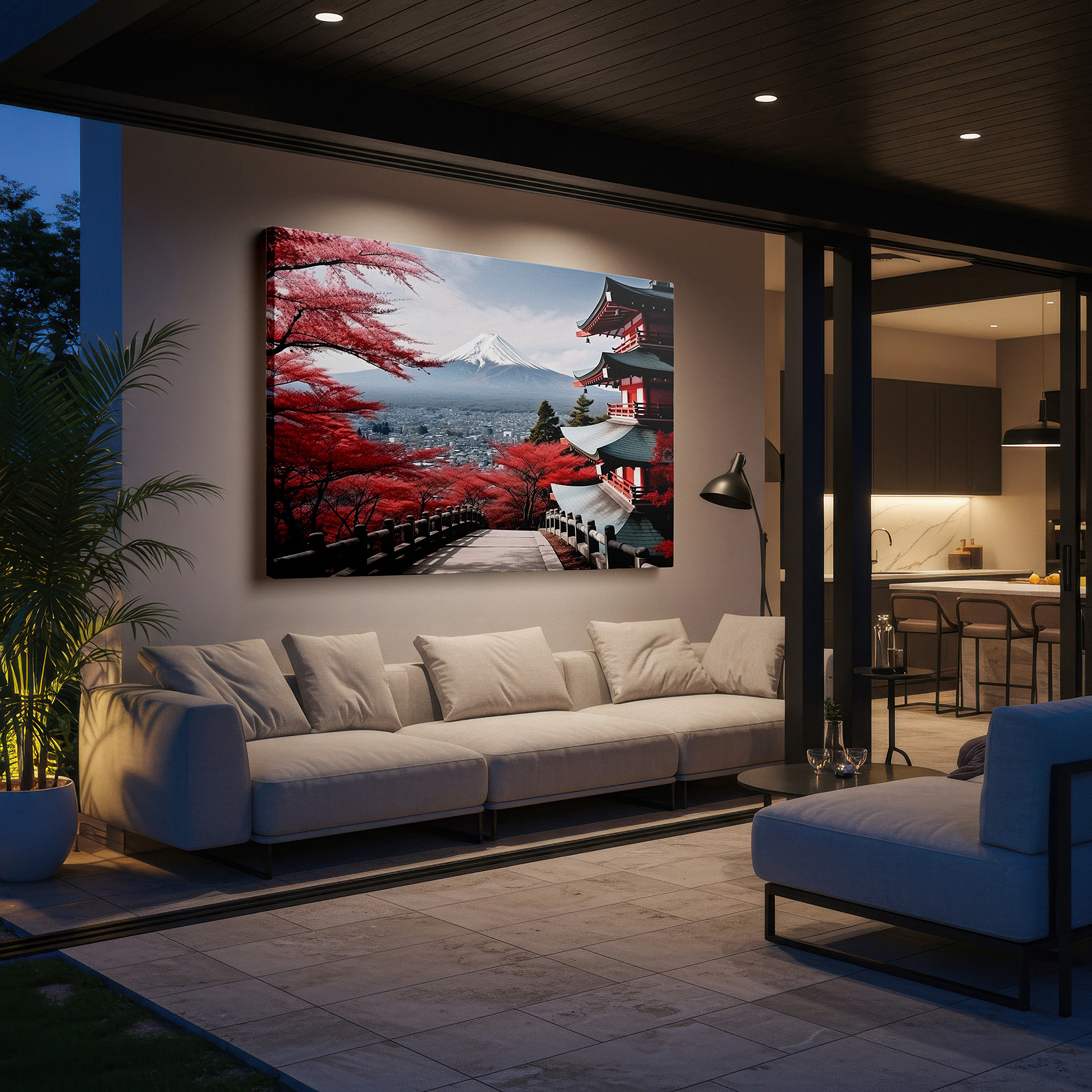 Installation made easy with a centered hook and clean wire mount — mount fuji and cherry blossoms featuring a japanese pagoda: a serene fusion of nature and culture - large canvas wall art for office decor