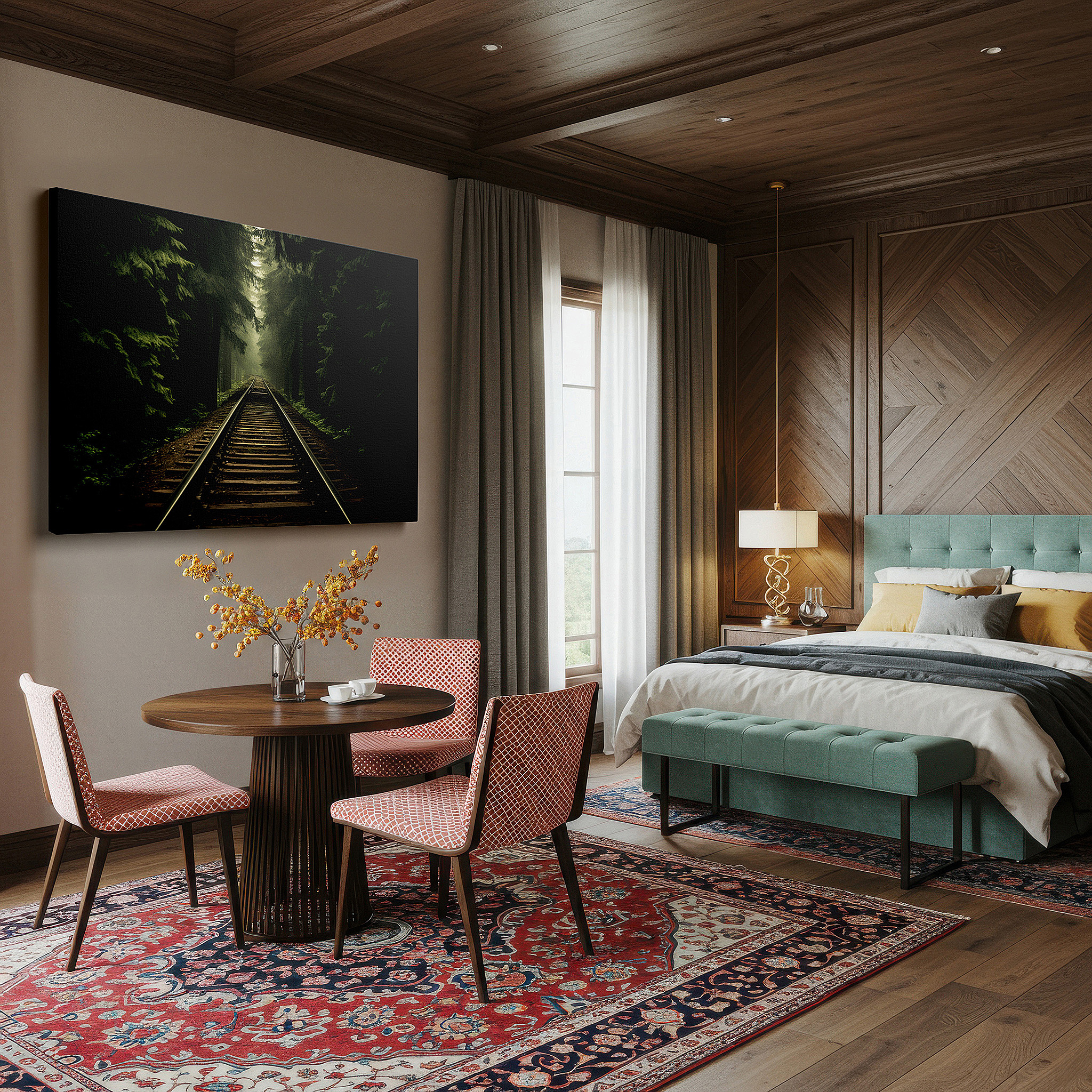 Installation made easy with a centered hook and clean wire mount — mysterious mist-covered railway tracks through a lush forest, large wall art, canvas wall art, wall decor for office