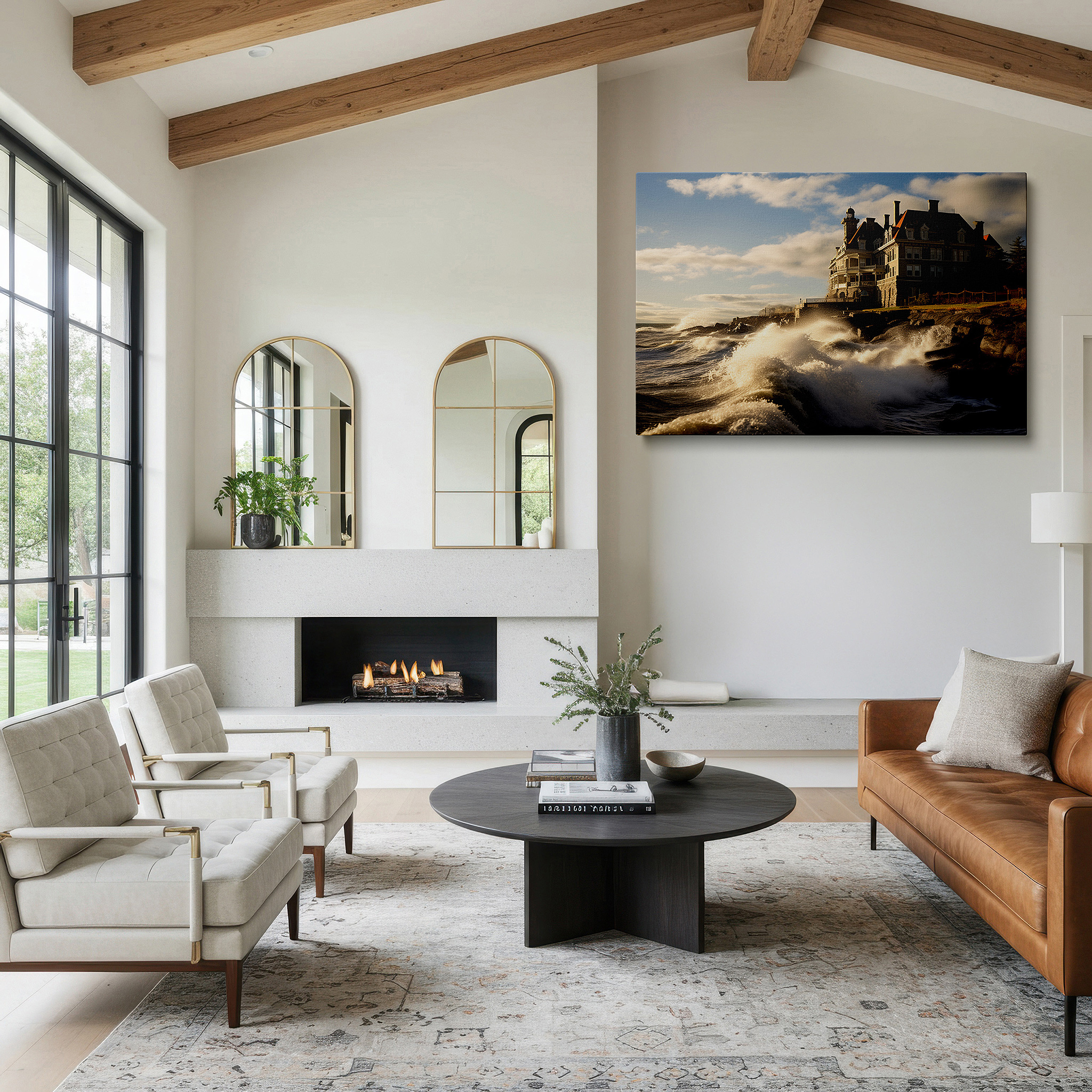 Installation made easy with a centered hook and clean wire mount — nature's fury and sunset symphony: tension and harmony in a historic mansion - large canvas wall art for office and bedroom decor