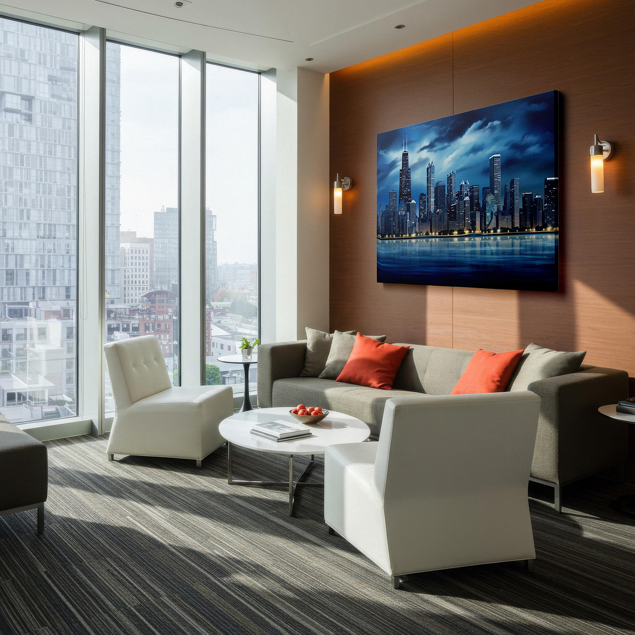 Installation made easy with a centered hook and clean wire mount — nighttime city skyline - modern urban light and reflection tapestry, large canvas wall art for office and bedroom decor