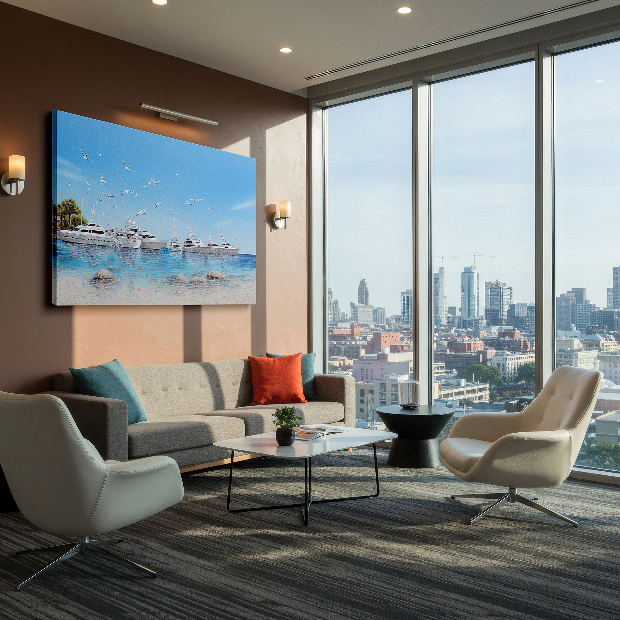 Installation made easy with a centered hook and clean wire mount — opulent seaside tranquility - luxury yachts in tropical paradise large wall art, canvas wall art, wall art decor, office wall art