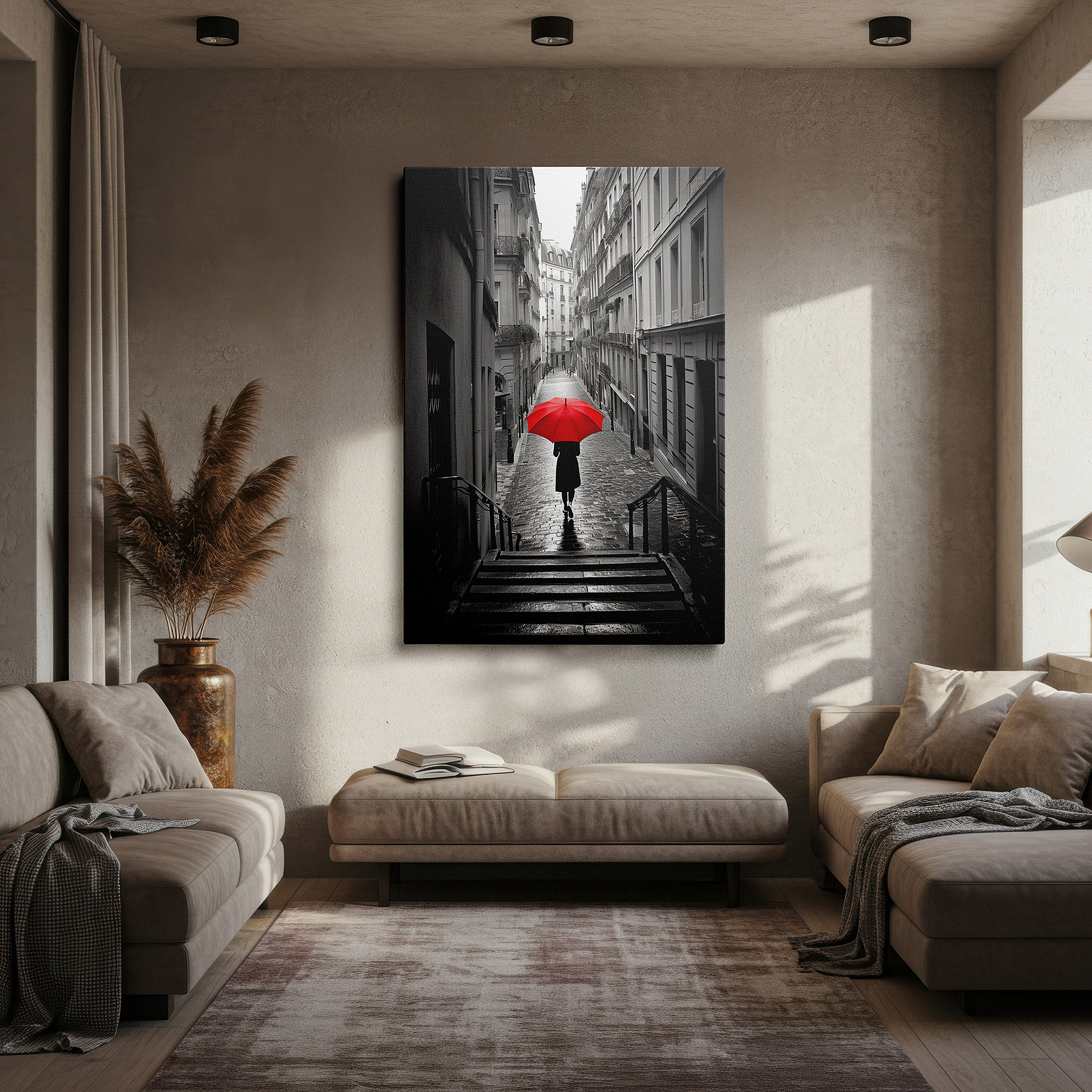 Installation made easy with a centered hook and clean wire mount — red umbrella on rainy paris street large canvas wall art for office, living room, and bedroom decor