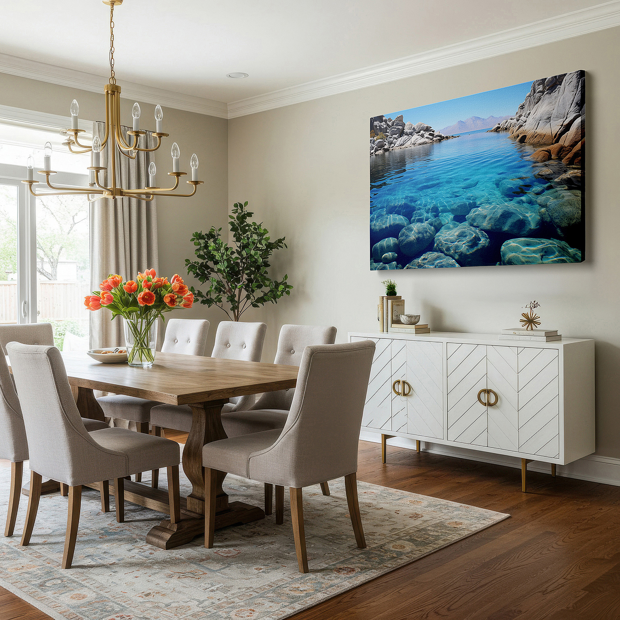 Installation made easy with a centered hook and clean wire mount — serene lakeside reflections and rugged shores - tranquil nature escape large wall art, canvas wall art, wall decor for office