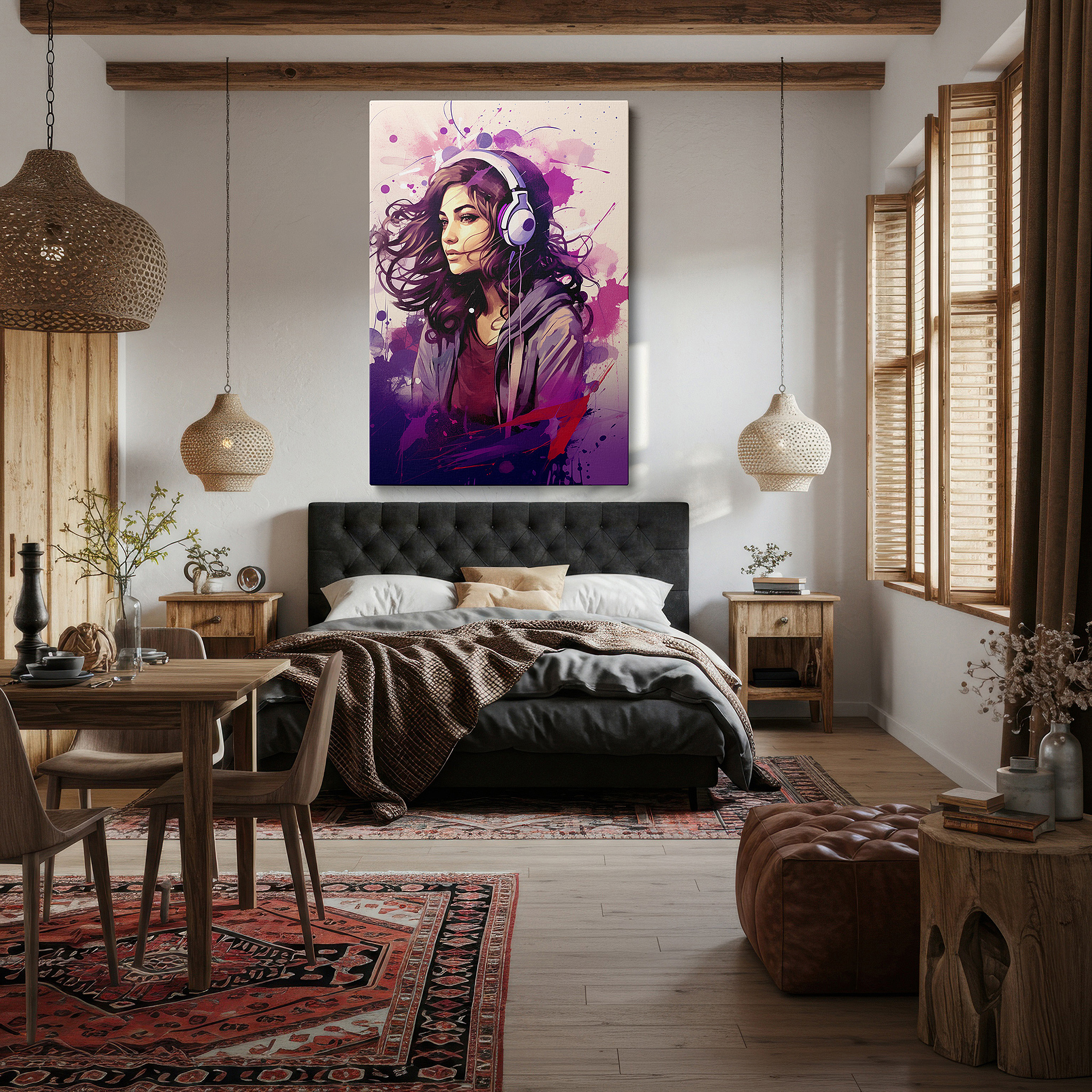 Installation made easy with a centered hook and clean wire mount — serene melodies: a young woman's peaceful musical journey - large canvas wall art for bedrooms and offices