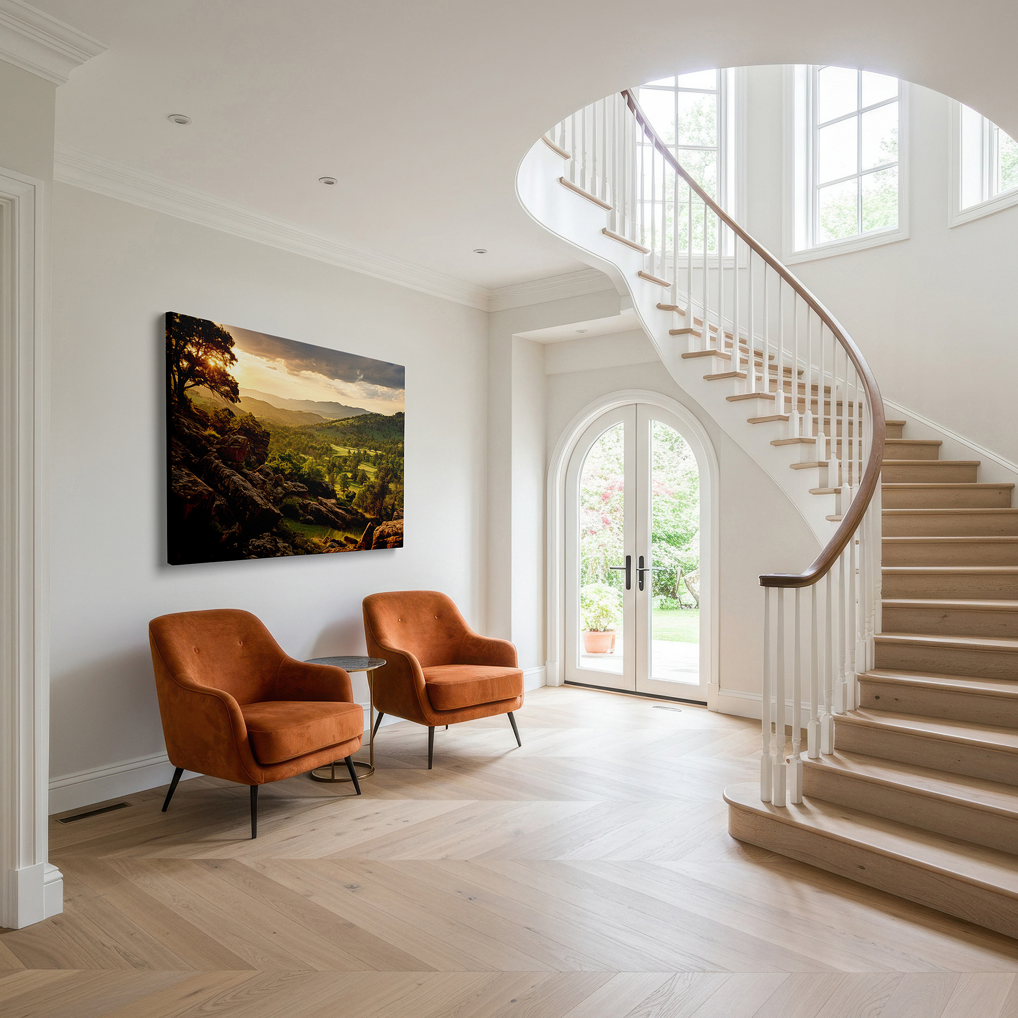 Installation made easy with a centered hook and clean wire mount — serene sunset over rolling hills and rocky sentinels: large canvas wall art for office, bedroom, and living room decor