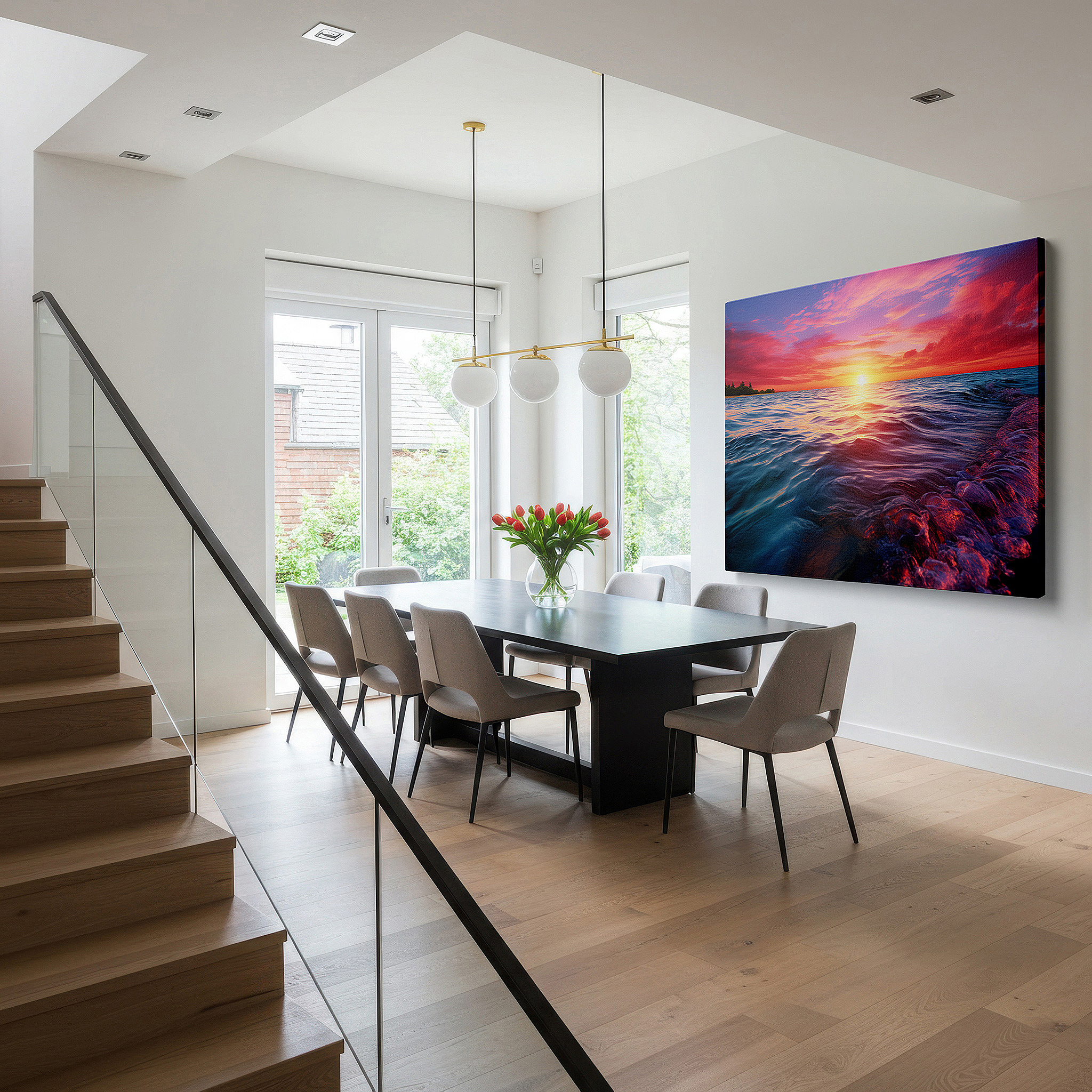 Installation made easy with a centered hook and clean wire mount — serene sunset over tranquil seascape: a symphony of fiery oranges and calming blues - large canvas wall art for office decor