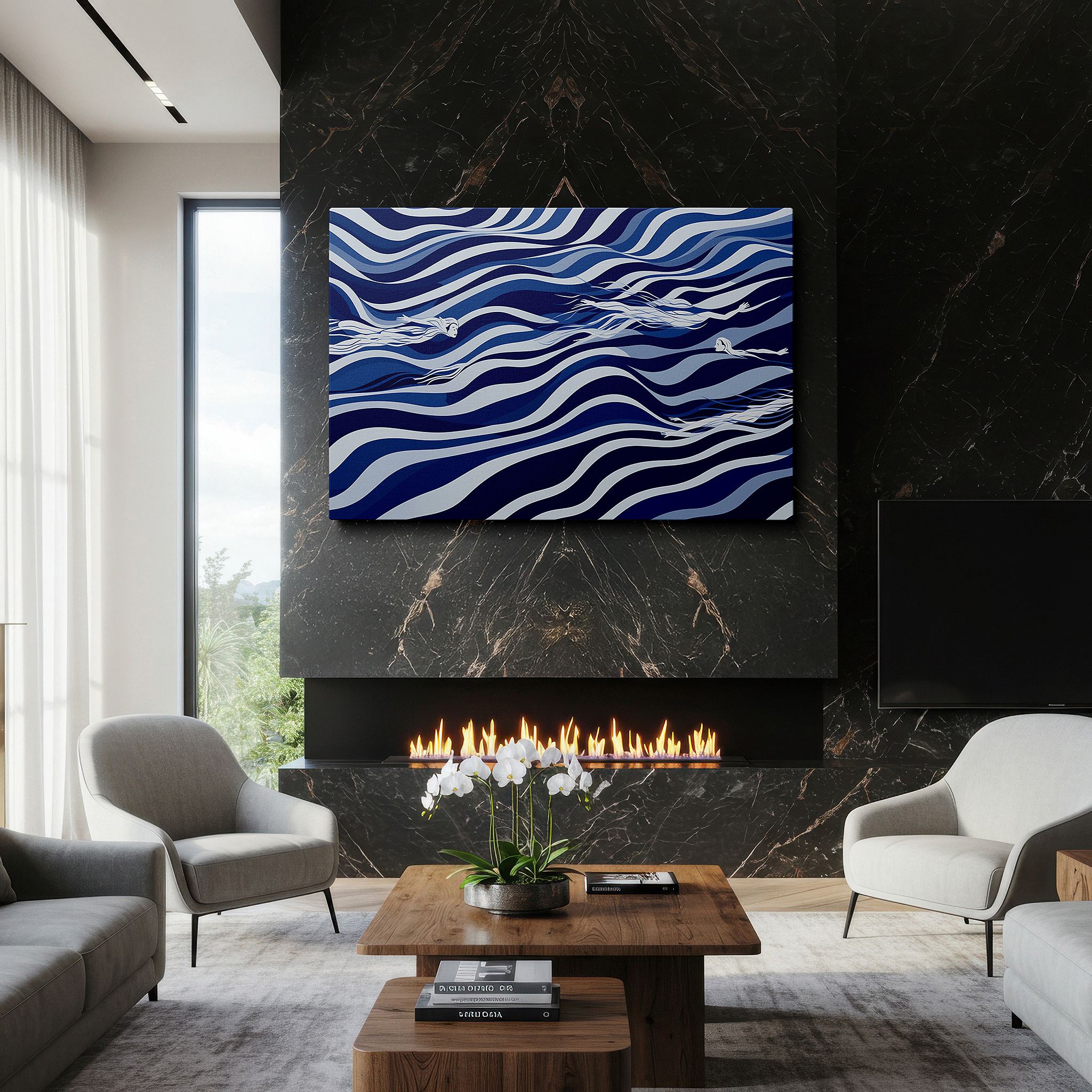 Installation made easy with a centered hook and clean wire mount — serene swimmers in blue waves: a tranquil abstract depicting movement and freedom - large wall art, canvas wall art, wall decor for office and bedroom