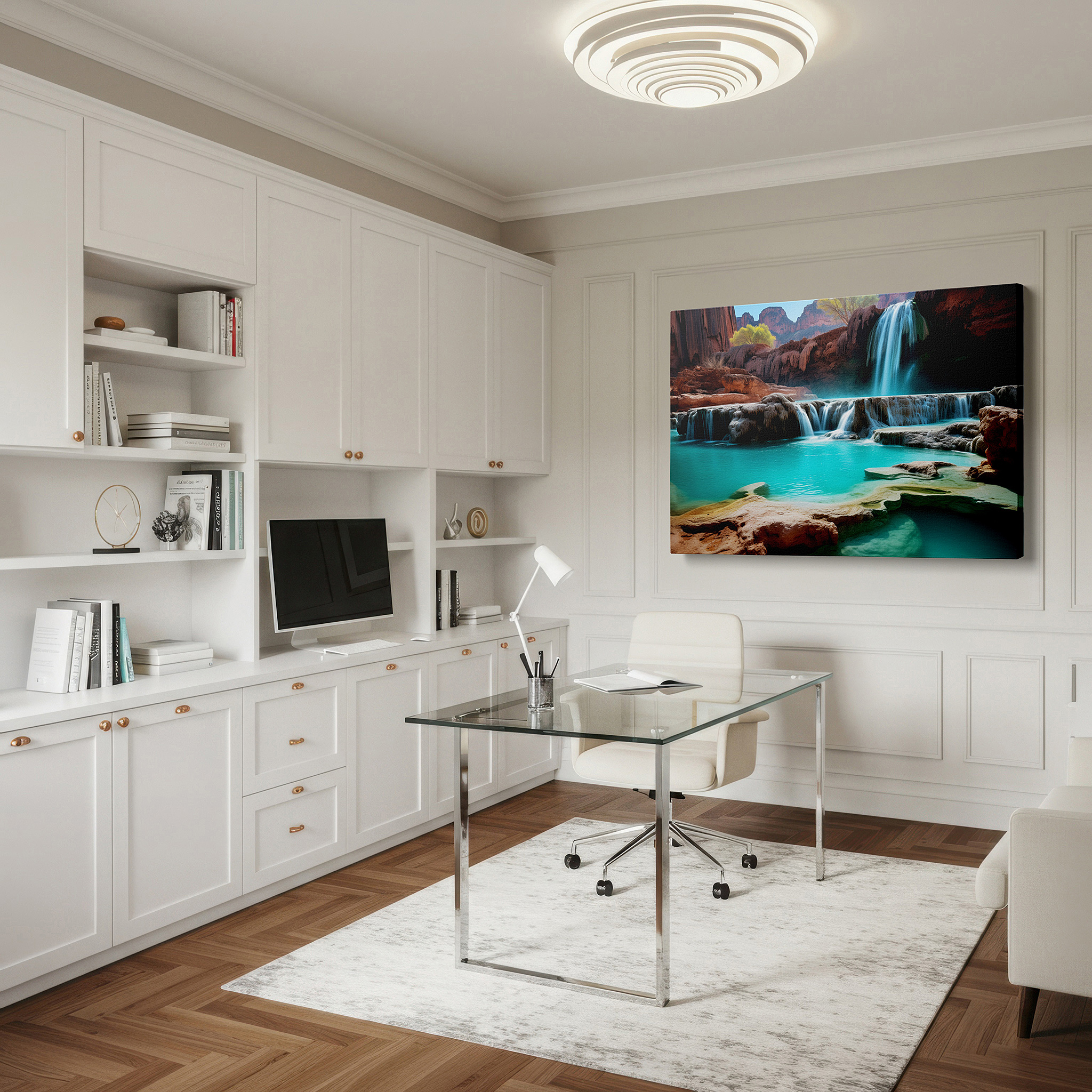 Installation made easy with a centered hook and clean wire mount — serene waterfalls and turquoise pool - tranquil nature's beauty large wall art, canvas wall art, wall decor for office and bedroom