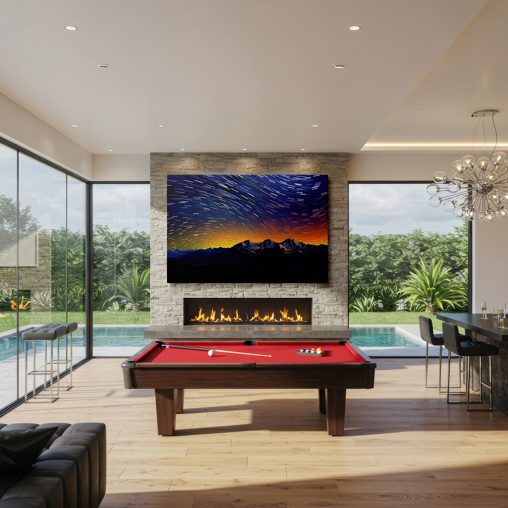 Installation made easy with a centered hook and clean wire mount — star trails and twilight over snow-capped peaks - large canvas wall art for office and bedroom decor