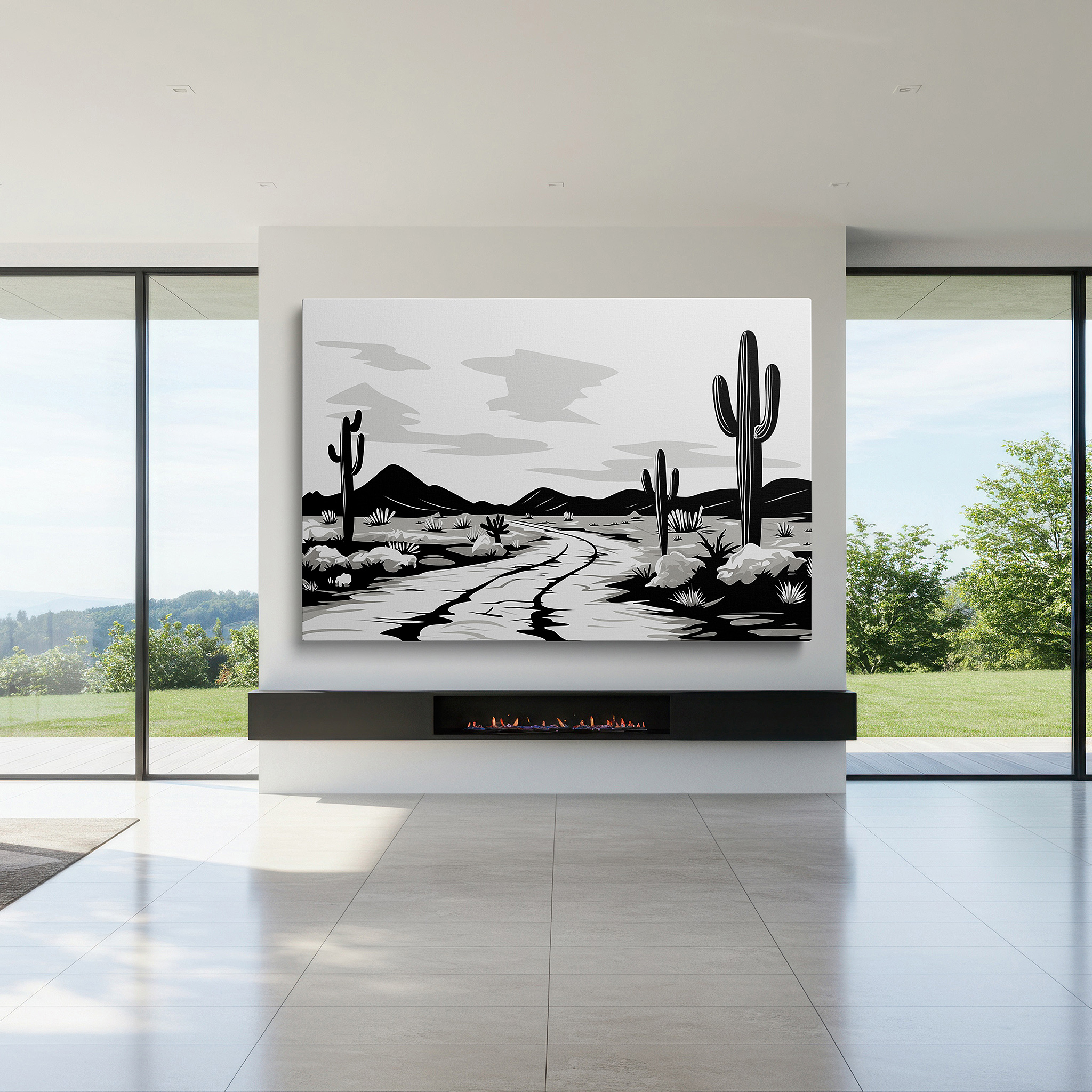 Installation made easy with a centered hook and clean wire mount — stunning black and white desert landscape wall art featuring cacti and cracked terrain under a radiant sky, large canvas wall art