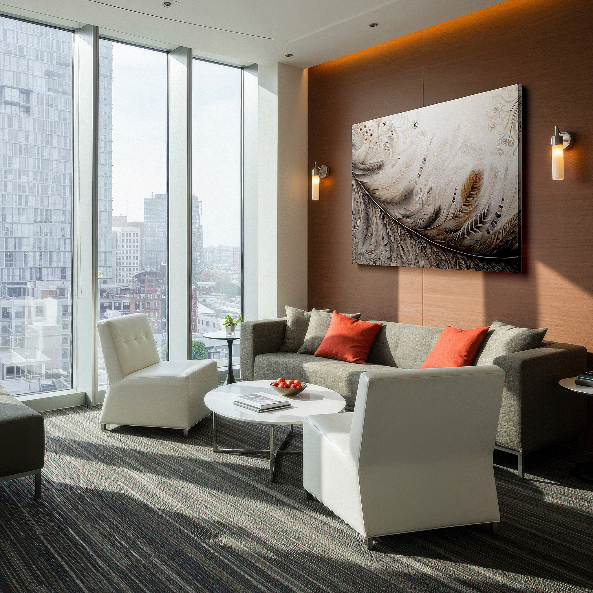 Installation made easy with a centered hook and clean wire mount — tranquil feathers wall art in earthy tones: serene nature-inspired elegance for large spaces, canvas wall decor for offices and bedrooms.