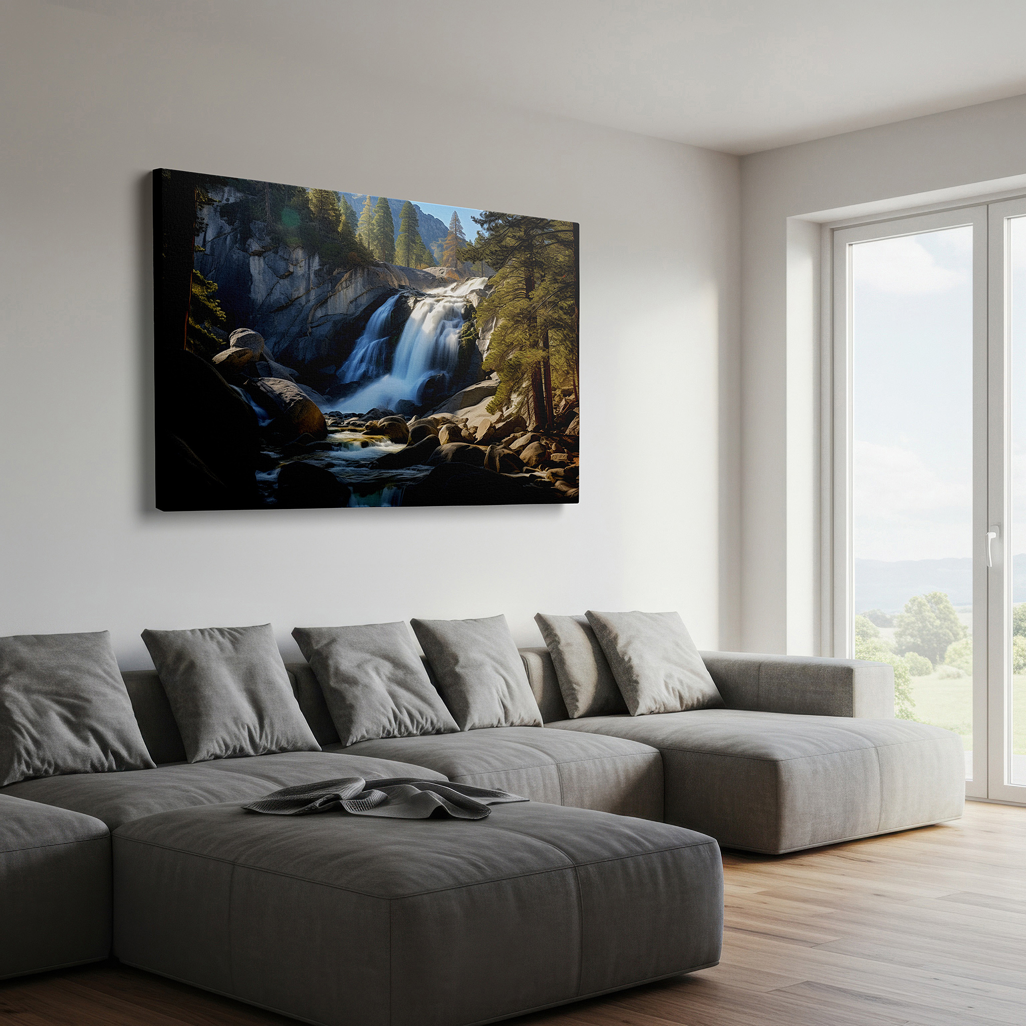 Installation made easy with a centered hook and clean wire mount — tranquil waterfall and lush pines large wall art, canvas decor for office and bedroom