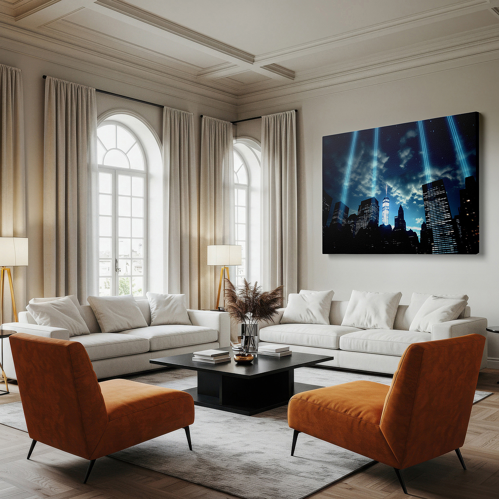 Installation made easy with a centered hook and clean wire mount — tribute in light above nyc skyline - emblem of resilience and memory large wall art, canvas art, wall decor, office art