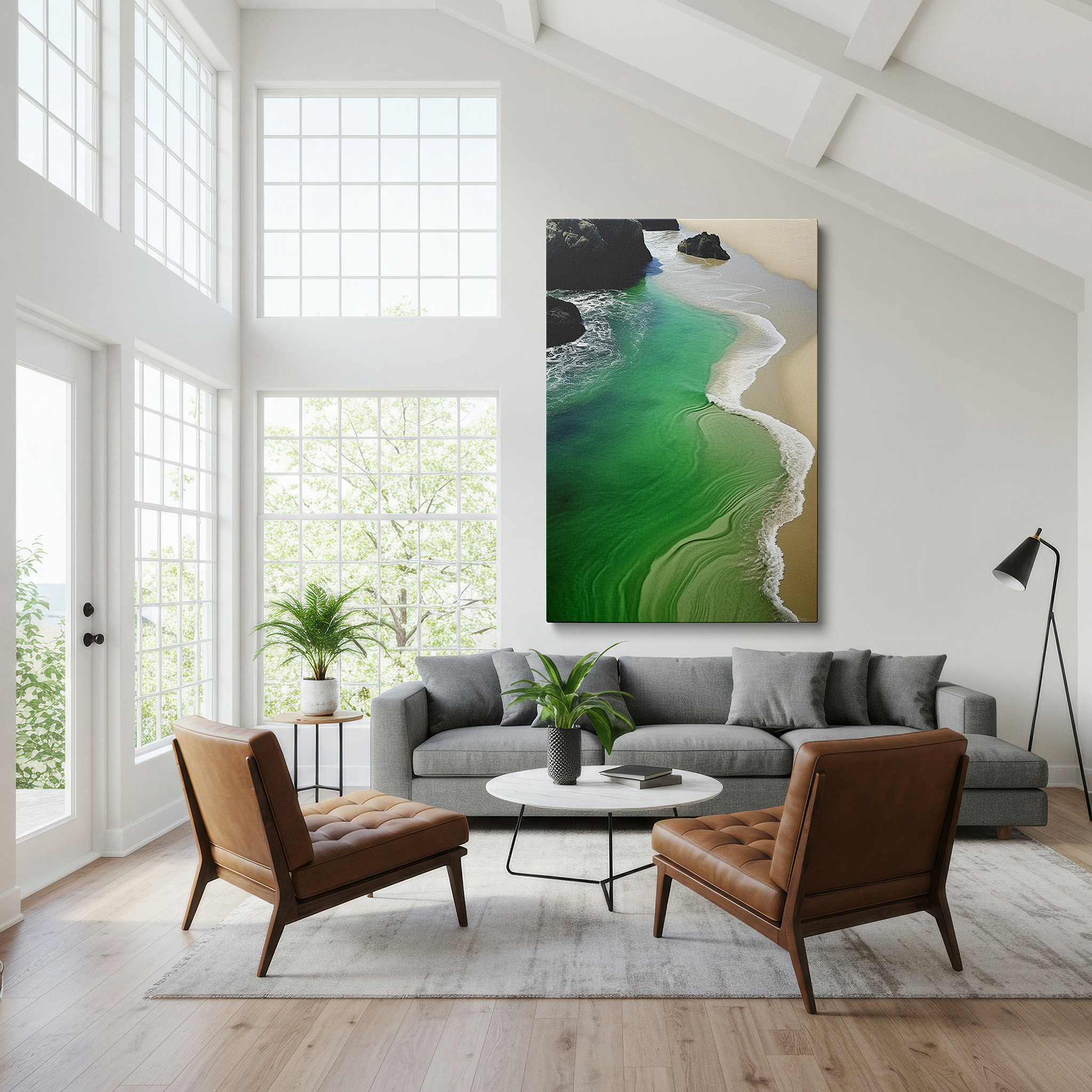 Installation made easy with a centered hook and clean wire mount — turquoise waves and sandy shores beneath a golden sky: large canvas wall art for office, bedroom, and living room decor
