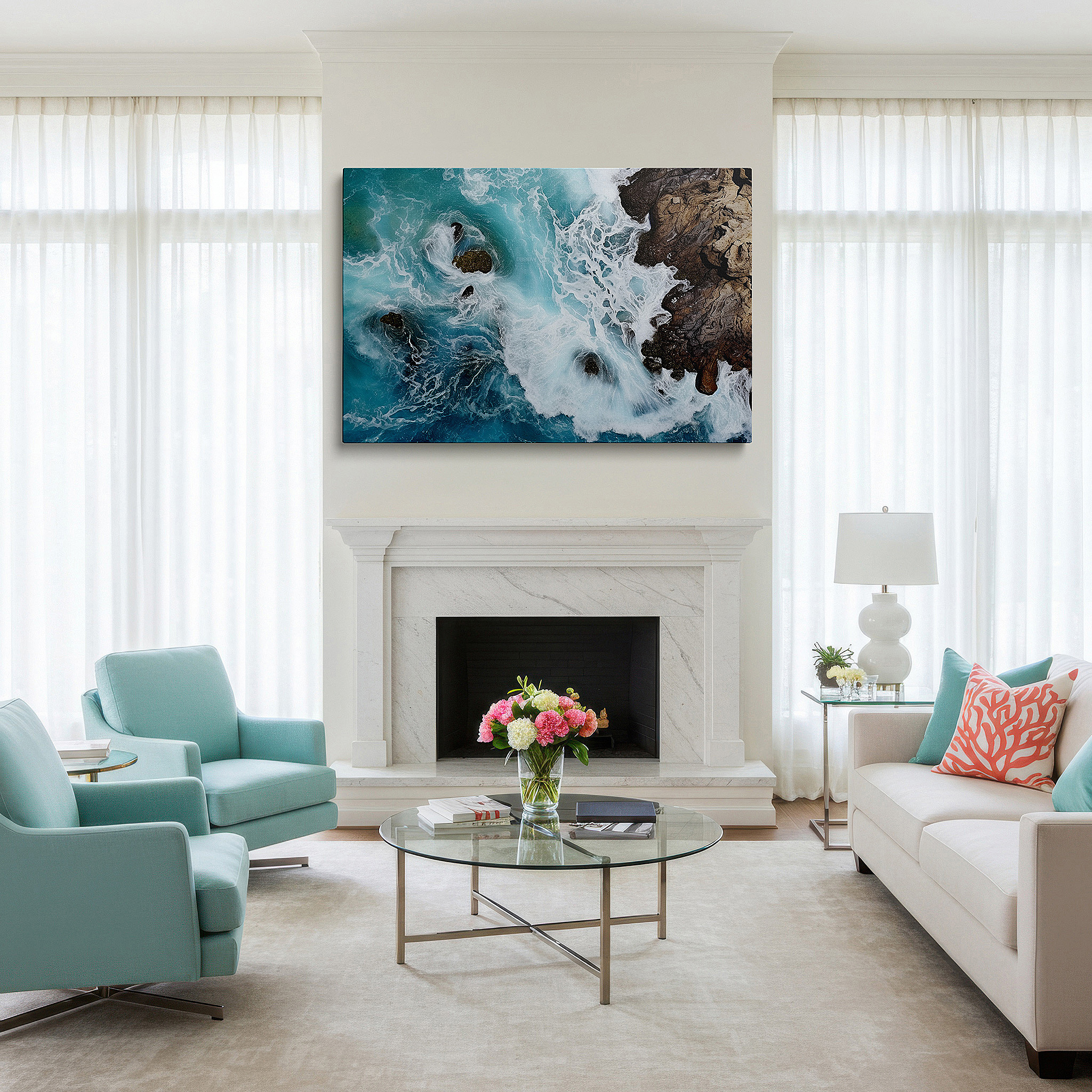 Installation made easy with a centered hook and clean wire mount — turquoise waves waltz along the jagged shoreline, a brilliant display of nature's hues and surfaces, oversized wall art, canvas wall art, wall decor for office