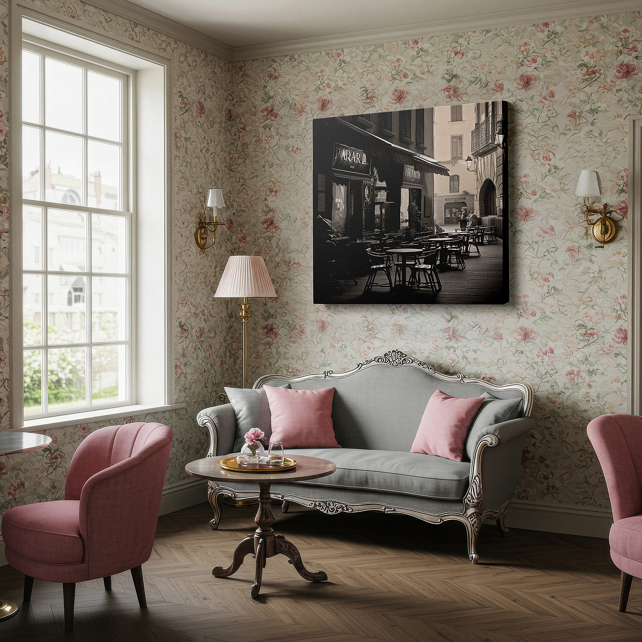 Installation made easy with a centered hook and clean wire mount — urban café wall art: tranquil scene with sleek chairs and enigmatic black signboard - large canvas art for home and office decor, perfect for living room and bedroom