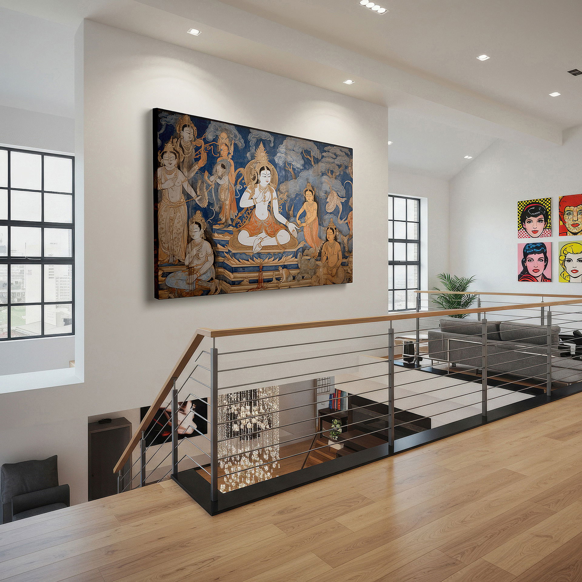 Installation made easy with a centered hook and clean wire mount — wall art: divine deities in vivid colors - a spiritual