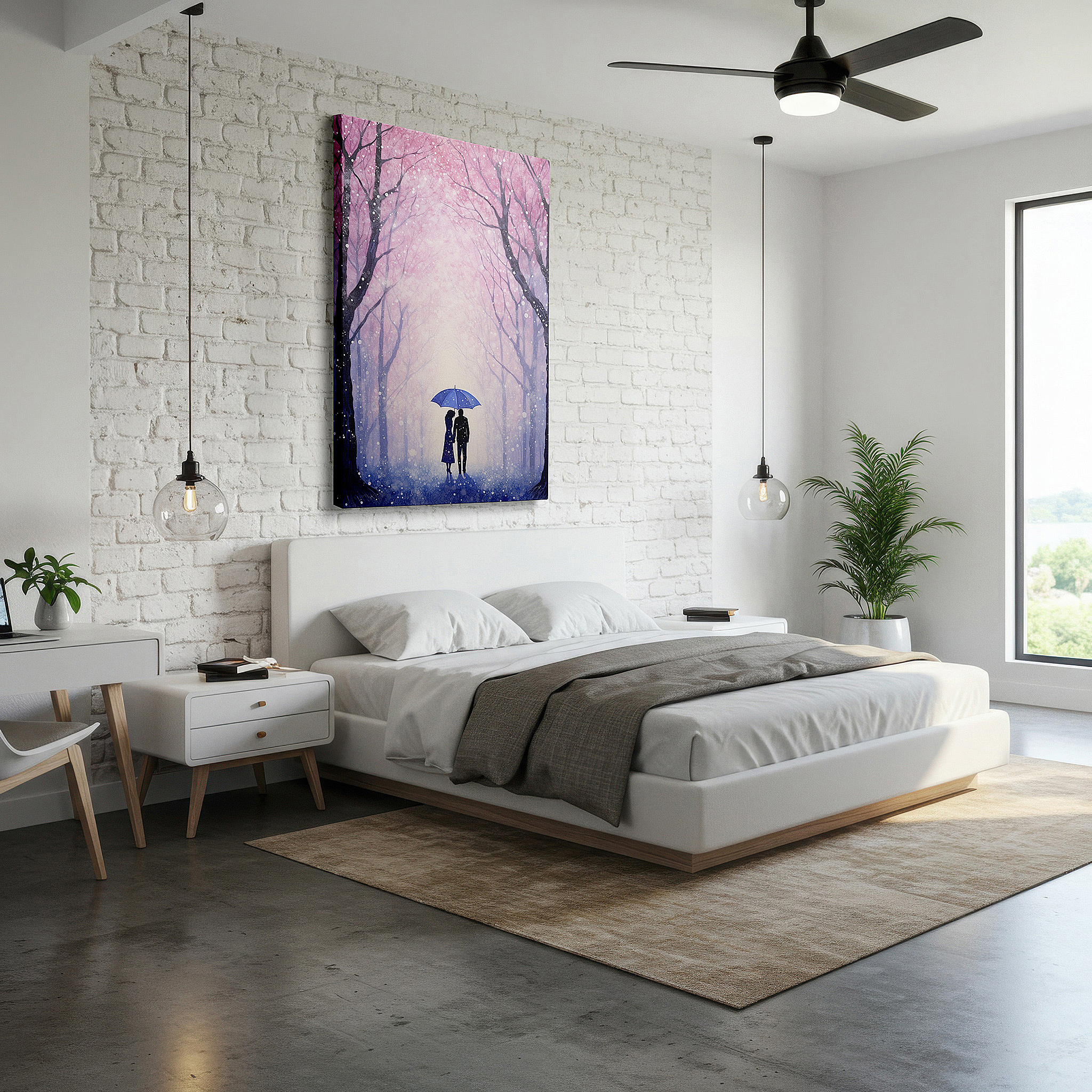 Installation made easy with a centered hook and clean wire mount — wall art: romantic walk under a blue umbrella among spring blossoms - large canvas wall art for office and bedroom decor