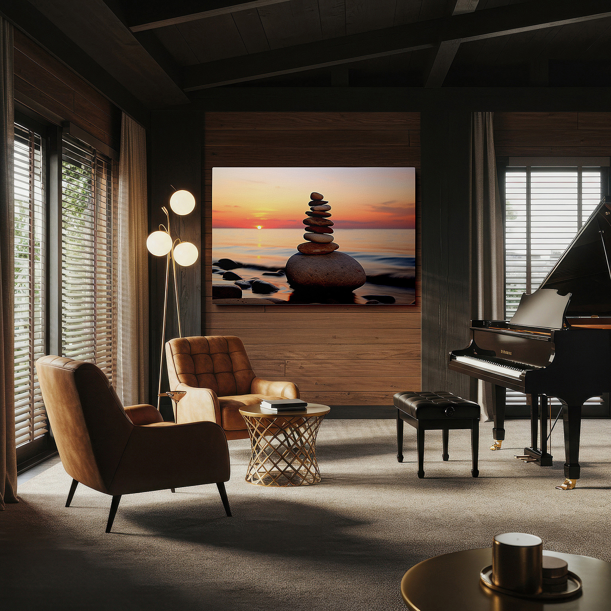 Installation made easy with a centered hook and clean wire mount — wall art: serene beach stones at dusk - perfectly balanced and peaceful large canvas art for home and office decor
