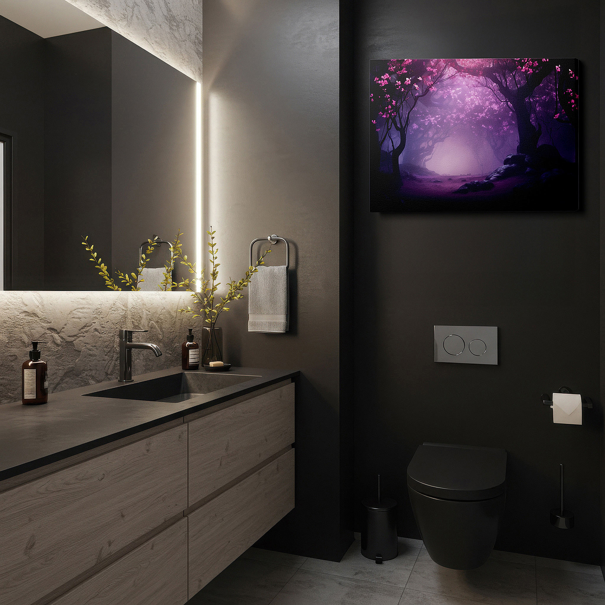 Installation made easy with a centered hook and clean wire mount — wall art: serene misty forest and blossoming cherry trees - discover the quiet whispers of nature with this large canvas wall art for home and office decor