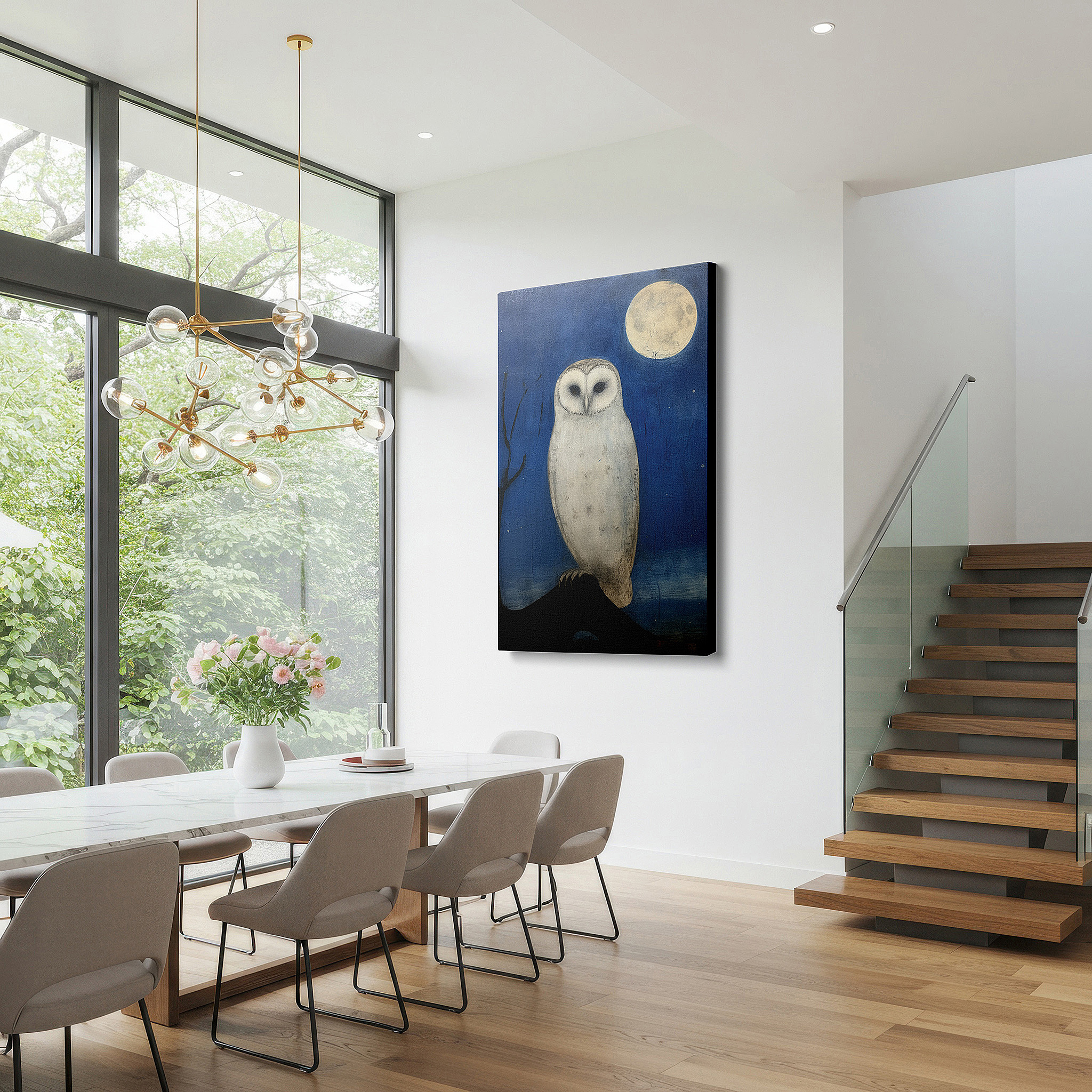 Lighting brings out layered depth in the print’s surface grain — barn owl under a bright moon large canvas wall art, symbolizing peace and solitude, ideal for office decor