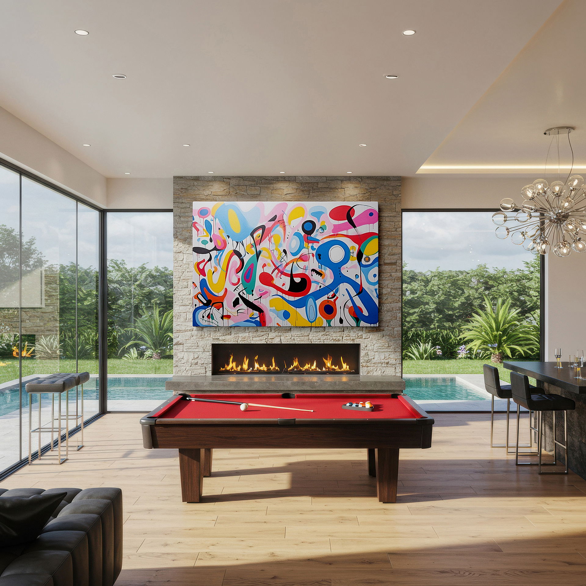 Lighting brings out layered depth in the print’s surface grain — colorful abstract exploration in color and motion: large canvas wall art for office, bedroom, and living room decor